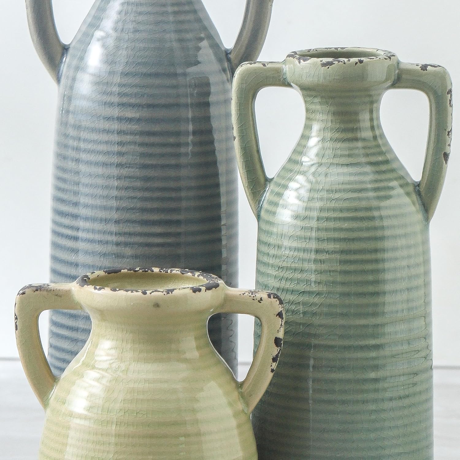 Ceramic Vases Set of 3, Neutral Rustic Farmhouse Vase with Handle, Decorative Flower Vases Home Decor Modern Boho Pampass Vase for Table Mantel Entryway Shelf Living Room Kitchen Bathroom - Multicolor