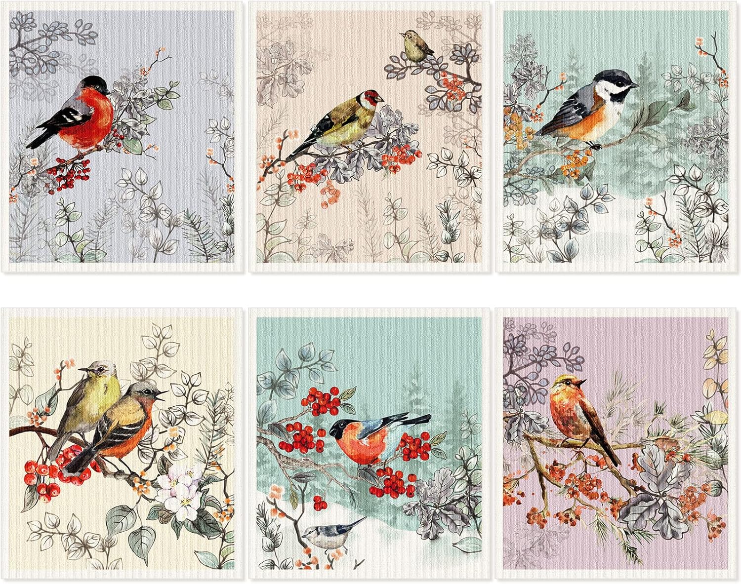 6 Pcs Swedish Kitchen Dish Cloths Kitchen Towels Reusable Sponge Cleaning Cloths Wipes Absorbent Dish Cloth Quick Drying Washable Decorative Tea Towels No Odor Bar Hand Towel (Fine Brushwork Bird)