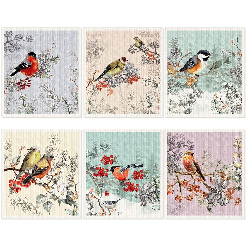 6 Pcs Swedish Kitchen Dish Cloths Kitchen Towels Reusable Sponge Cleaning Cloths Wipes Absorbent Dish Cloth Quick Drying Washable Decorative Tea Towels No Odor Bar Hand Towel (Fine Brushwork Bird)