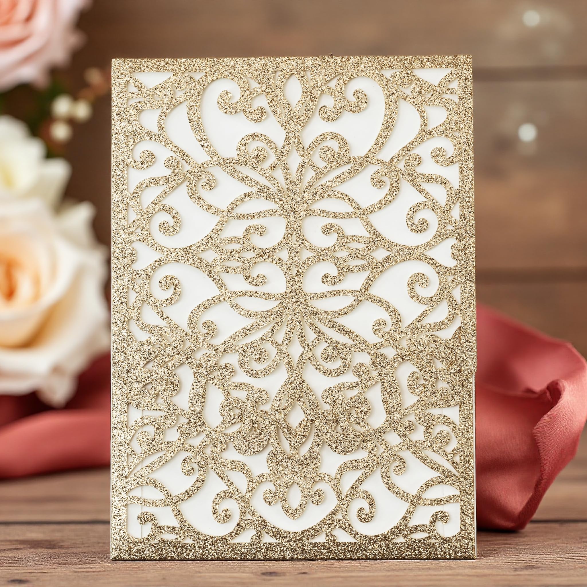 Builcker 20PCS Set Laser Cutting Gold Glitter Invitation Card Greeting Card Graduation Party Wedding Birthday Party Hollow Invitations Flip Invitation
