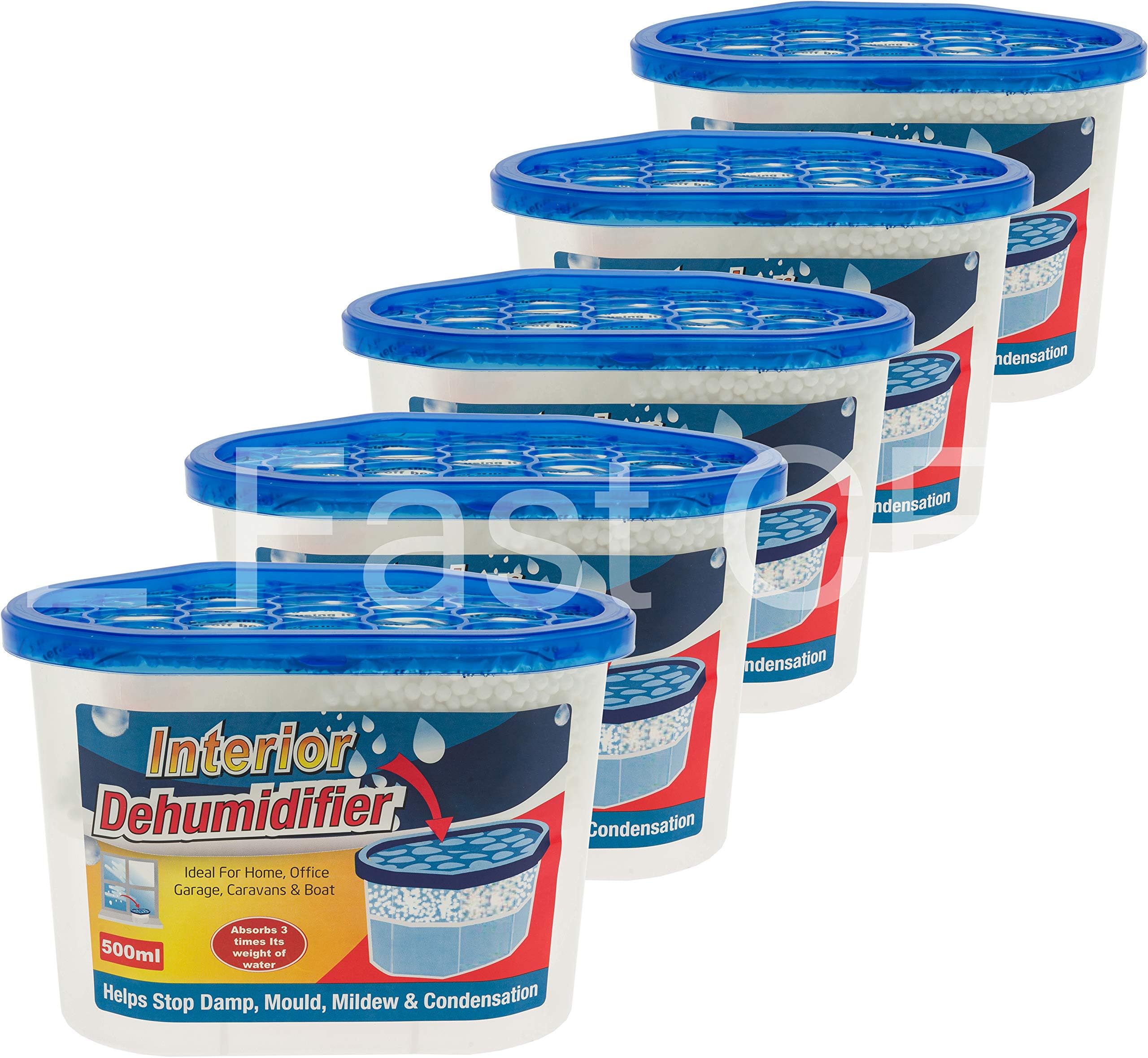 Pack of 5 x 500ml Interior Dehumidifiers with Fast Acting Crystals – Ideal for Use Around The Home, Office, Caravans and Small Spaces - Helps Prevent Damp, Mildew, Mould and Condensation