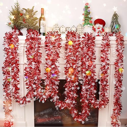 CCINEE Guirnalda de oropel de Navidad de copo de nieve rojo de 32.8 pies, guirnalda metálica de oropel giratorio, decoración de árbol para fiesta,