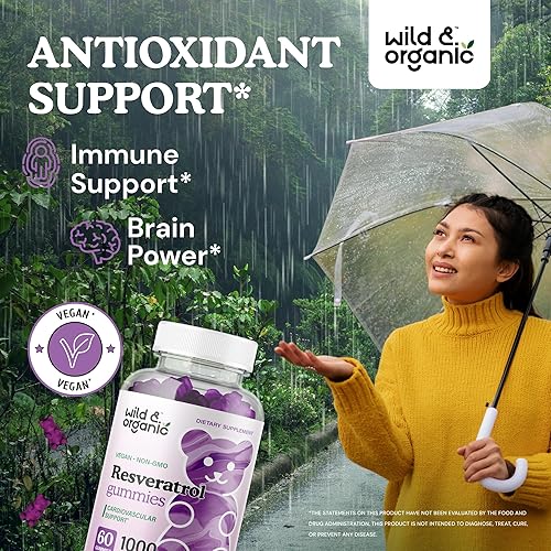 Miniatura 2 de Wild & Organic Gomitas de resveratrol de 1000 mg – Suplemento de resveratrol para antioxidante, cerebro, apoyo inmunológico – 60 gomitas veganas