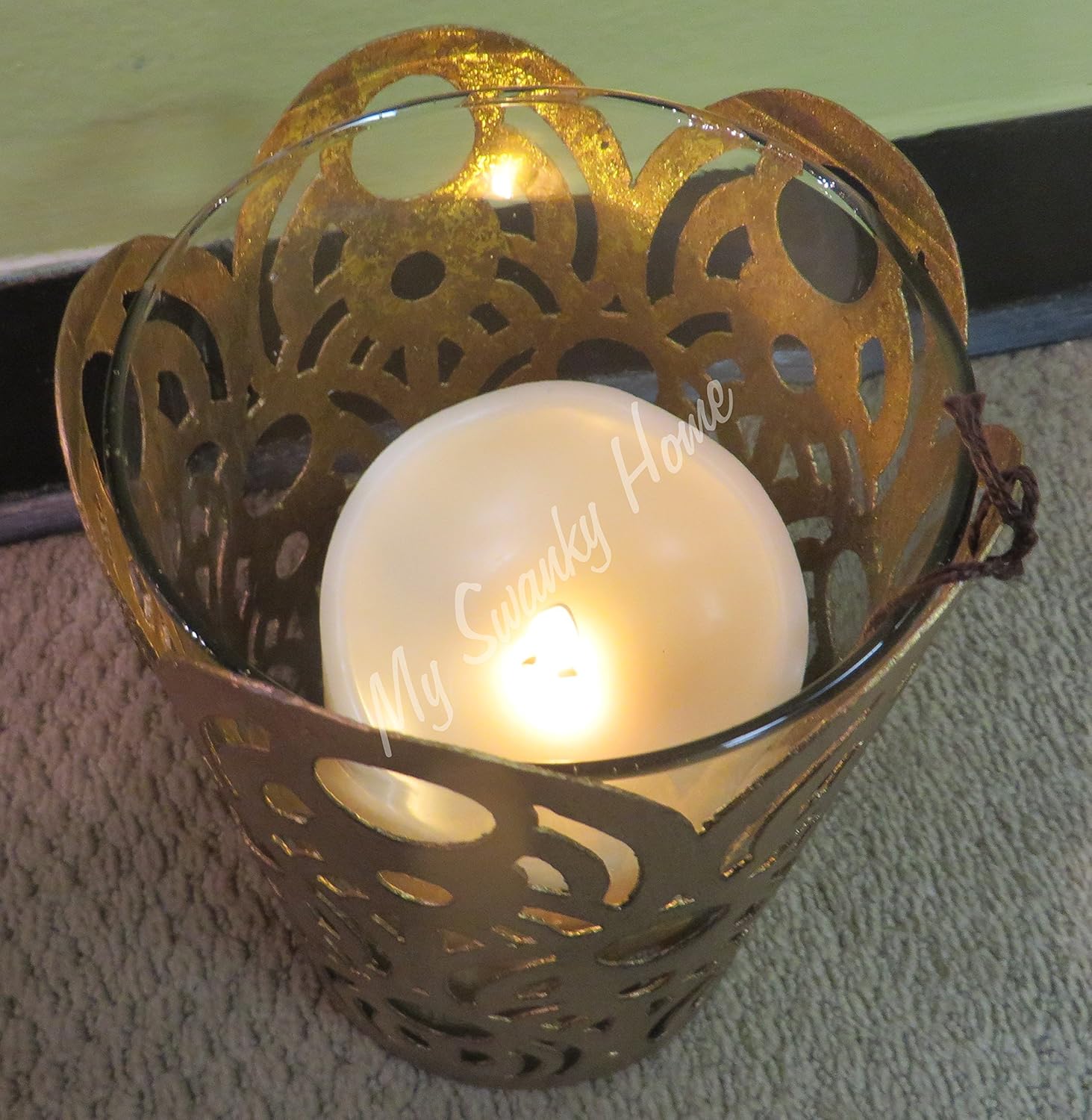 MY SWANKY HOME 8" Gold Fretwork Mandala Pillar Candle Holder | Open Metal Hurricane