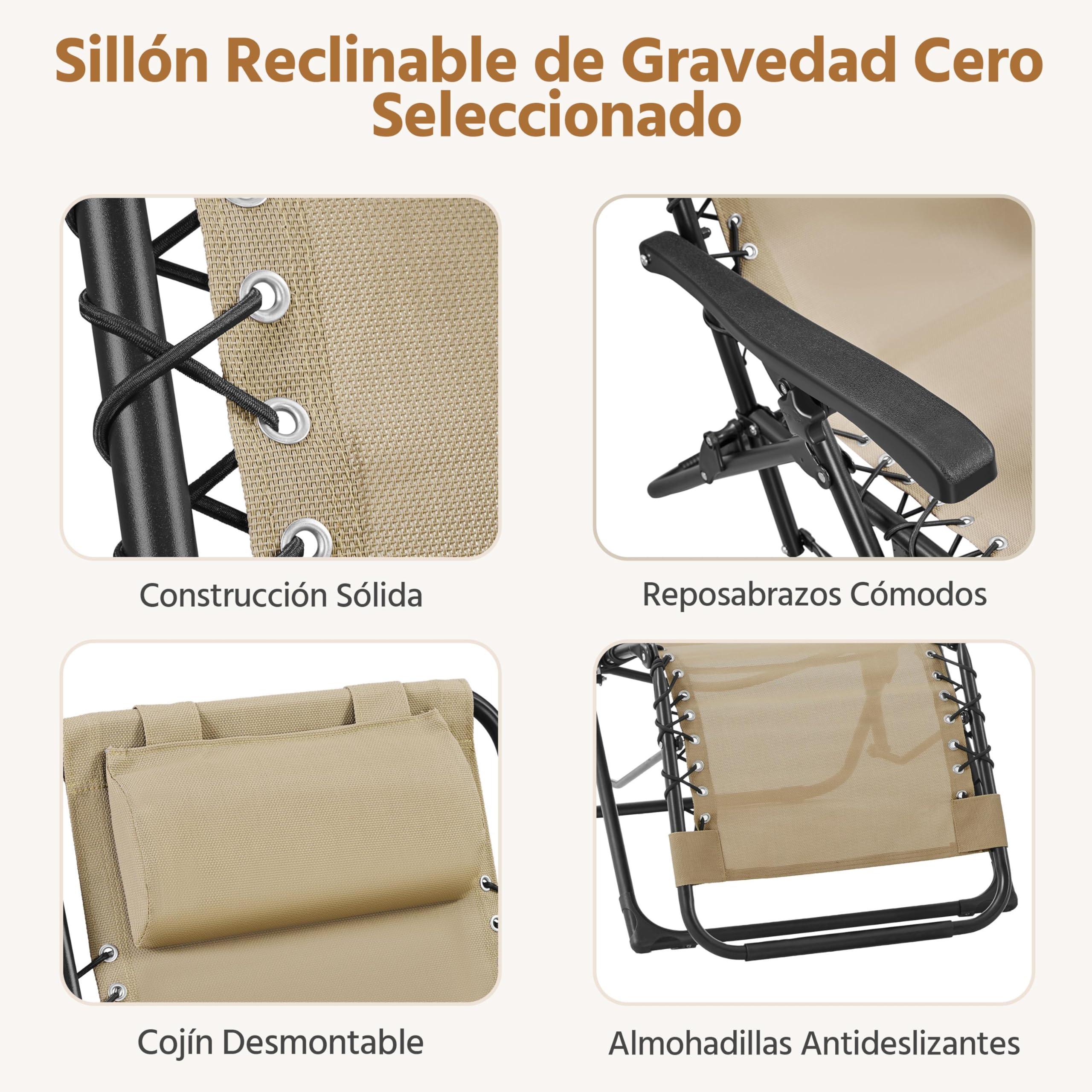 Yaheetech 2 Tumbonas o Sillas de Exterior Plegables y reclinables, con Mesa Auxiliar, Portavasos, Reposacabezas, Tumbonas de Gravedad Cero con Respaldo Ajustable, para Patio, Piscina, Beige