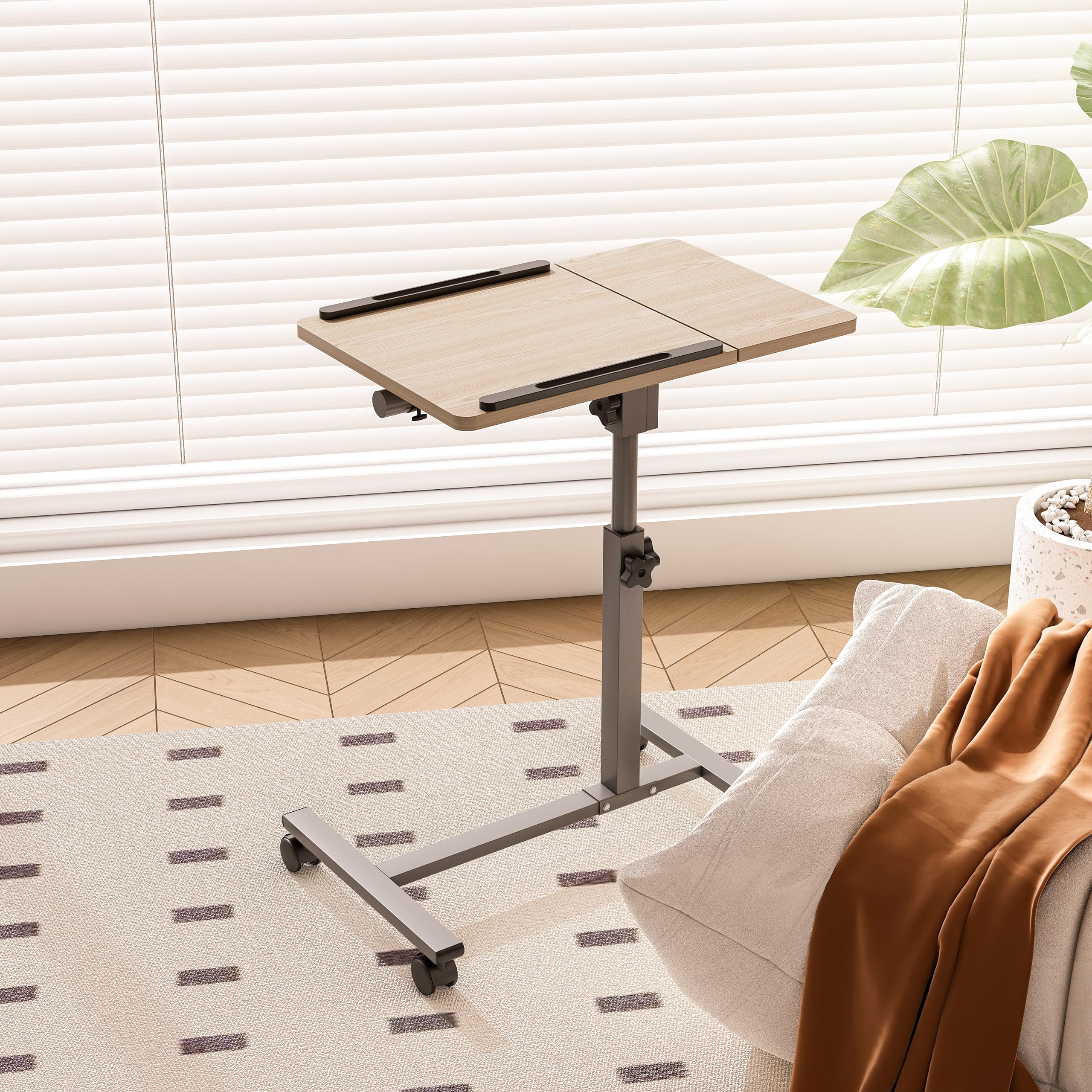 Furist Mesita de noche con bandeja rodante para laptop y carrito proyector, carrito de presentación de altura ajustable con ruedas | Mesa sobre cama con mesa inclinable (QQ-15 gris)
