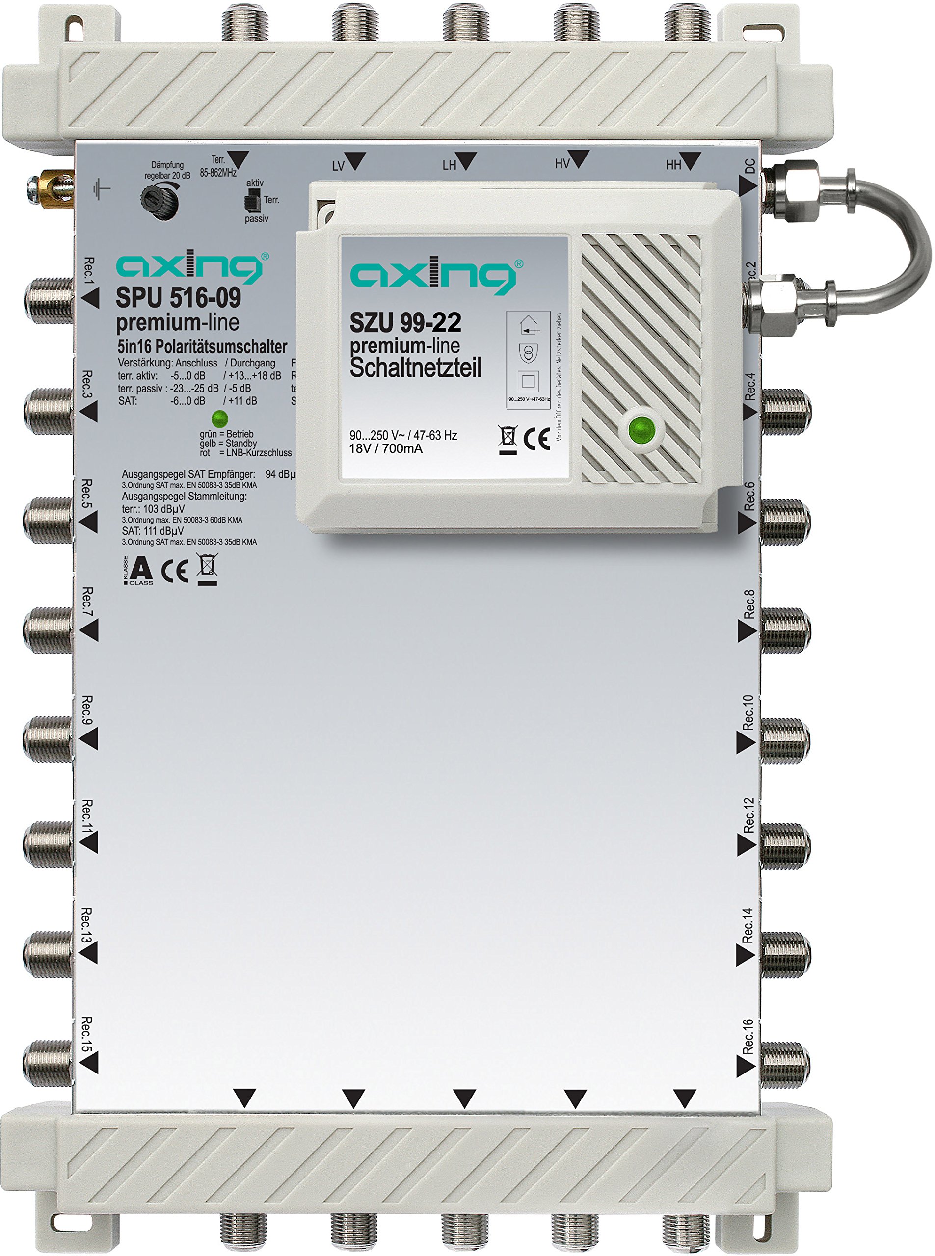 Axing SPU 516-09 SAT-Multischalter 16 Teilnehmer Premium-Line erweiterbar aktiv Quad-tauglich energiesparend (5 x 16)