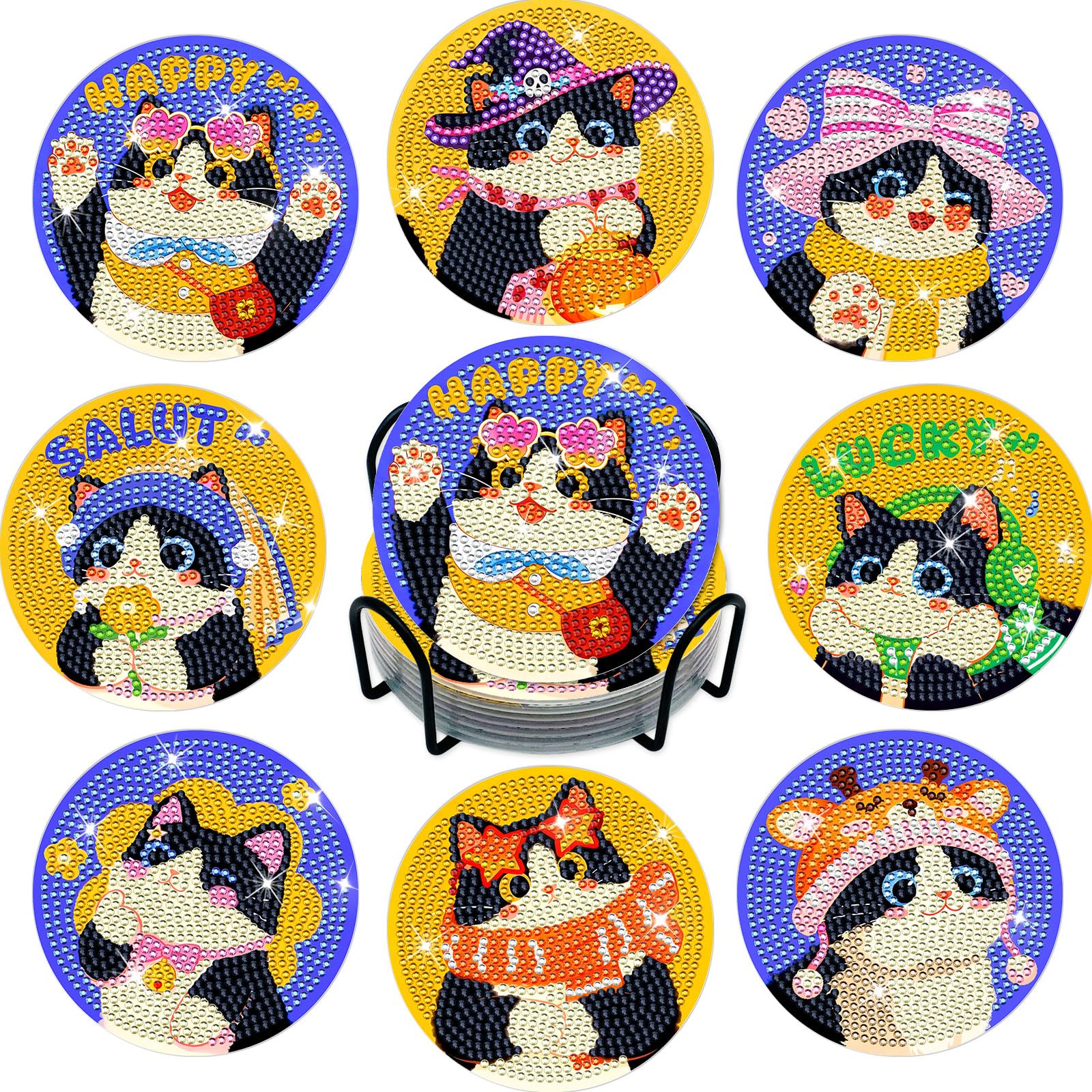 ZTOTZ Diamond Art Coasters Kit with Holder, Cute Cat Theme, 8 Pcs, Round, 3.9 Inch, DIY Diamond Painting Craft for Cat Lovers