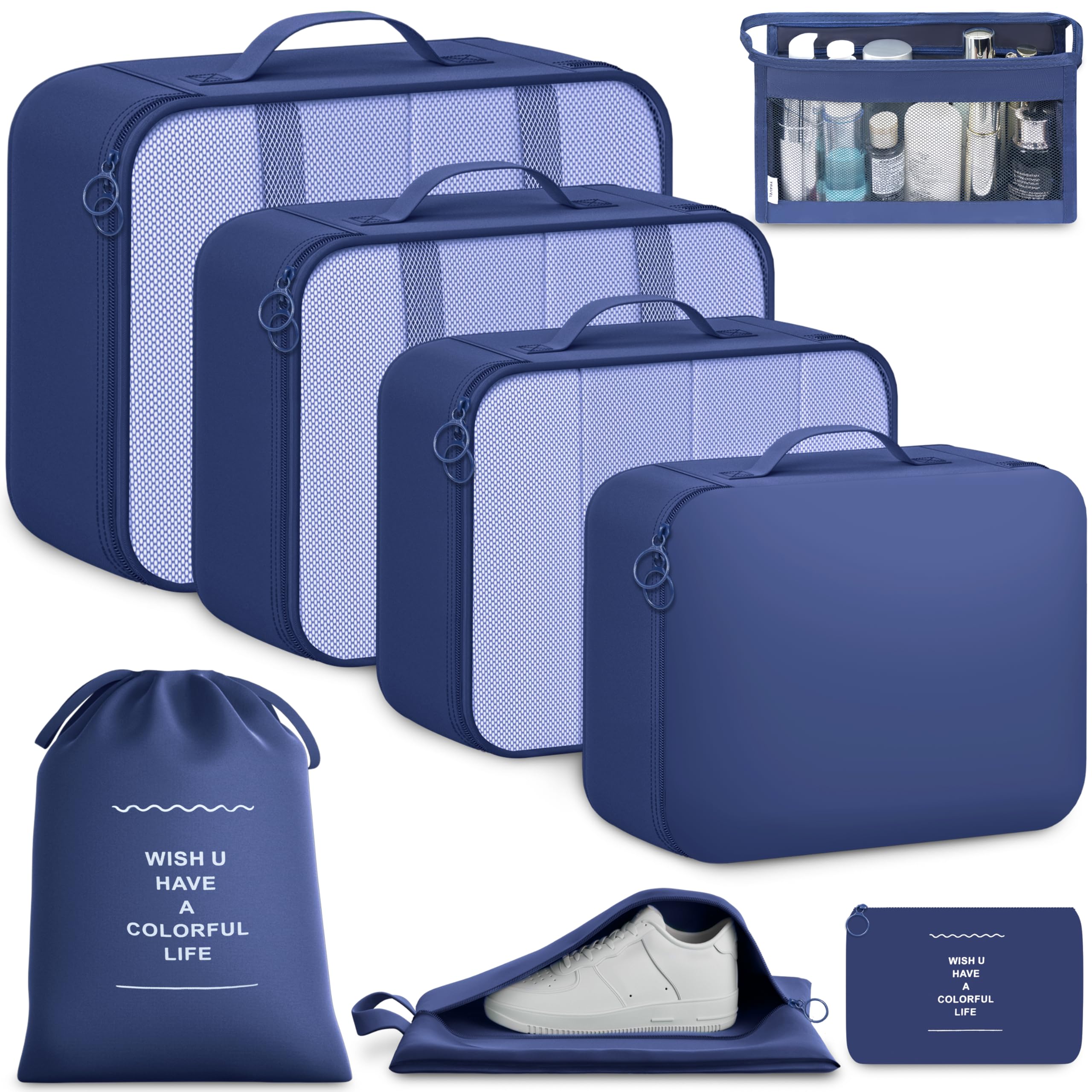 BAGAIL 8-teiliges Packwürfel-Set, Reiseorganizer mit atmungsaktivem Netz & Schuhbeutel, leichte Nylon Packorganizer für Koffer, 9 Farben - Marineblau