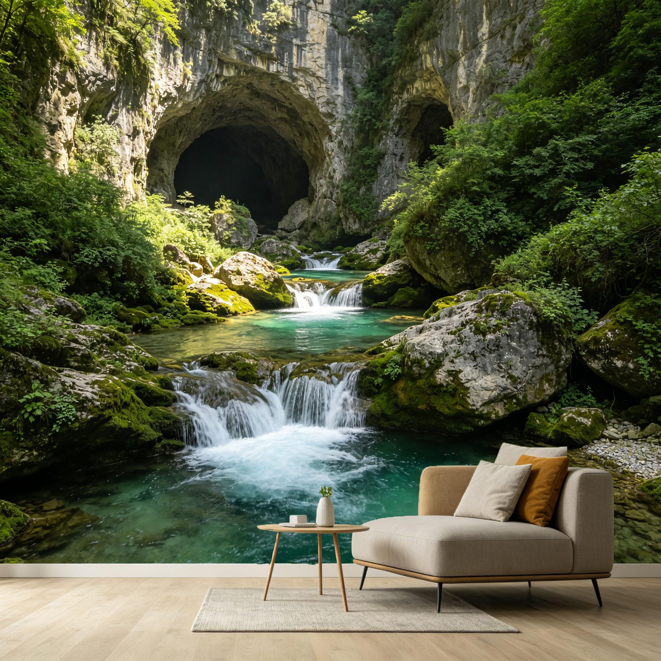 Custom Size Wall Murals Mountain Lake Landscape Waterfalls Cave Rocks Nature Scenic SelfAdhesive Wall Fabric Removable Large Wallpaper for Photo Living Room