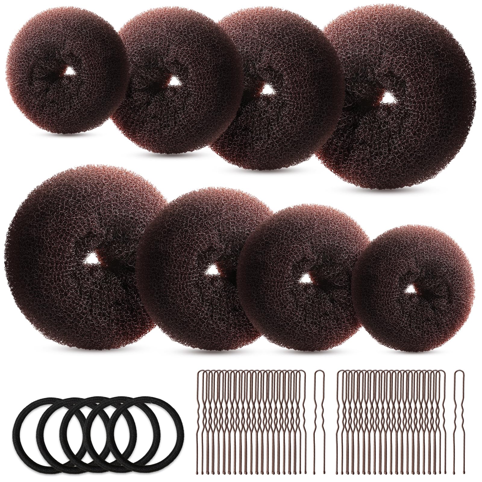 FANDAMEI Hair Bun Maker Set- 8 PCS Hair Donuts for Buns (2 Extra-large,2 Large,2 Medium and 2 Small), 40 PCS Bobby Pins, 5 PCS Hair Elastic Ties Black