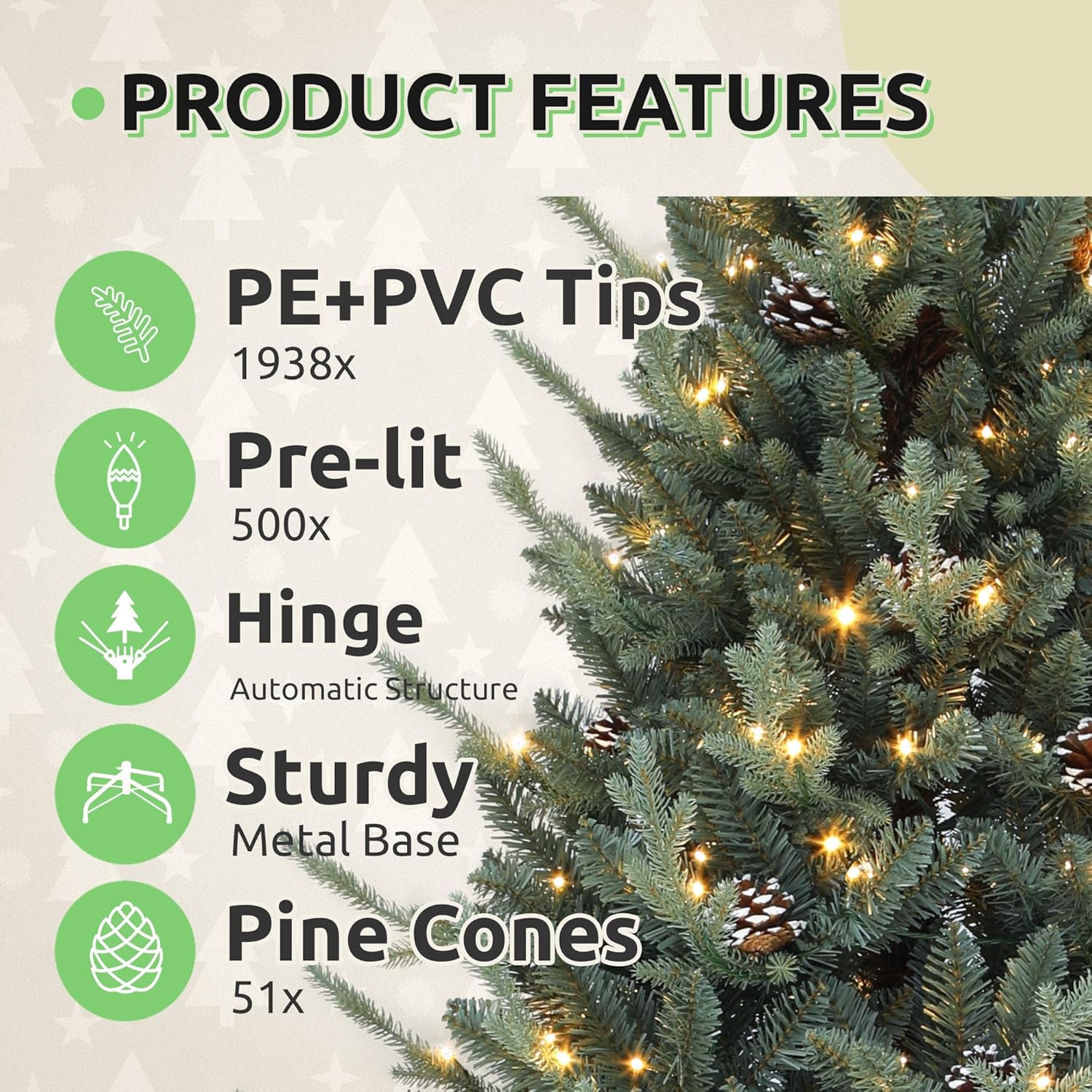 GOOBED 7.5FT Prelit Blue Christmas Tree with Remote Control, Pre-Decorated Artificial Hinged Xmas Tree Hillside Spruce w/ 1938 Mixed PE & PVC Tips, 51 Pine Cones, 500 Lights & 11 Light Modes