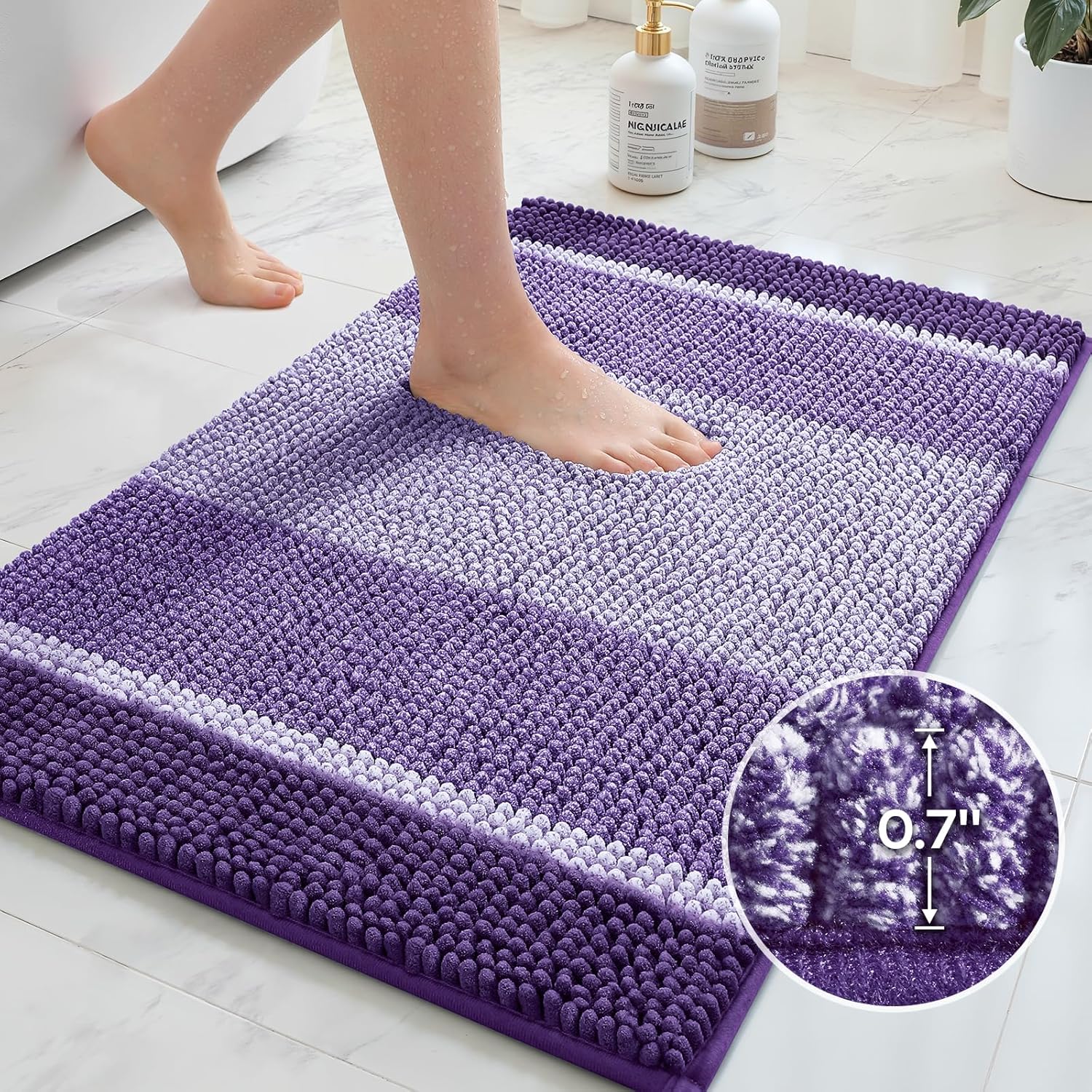 HOMEIDEAS Purple Bathroom Rugs Set, 2 Piece Thick Absorbent Fluffy Striped Chenille Bath Rugs, Non Slip, Soft Shaggy Bath Mats for Purple Bathroom Decor, 20" x 32" Plus 17" x 24"