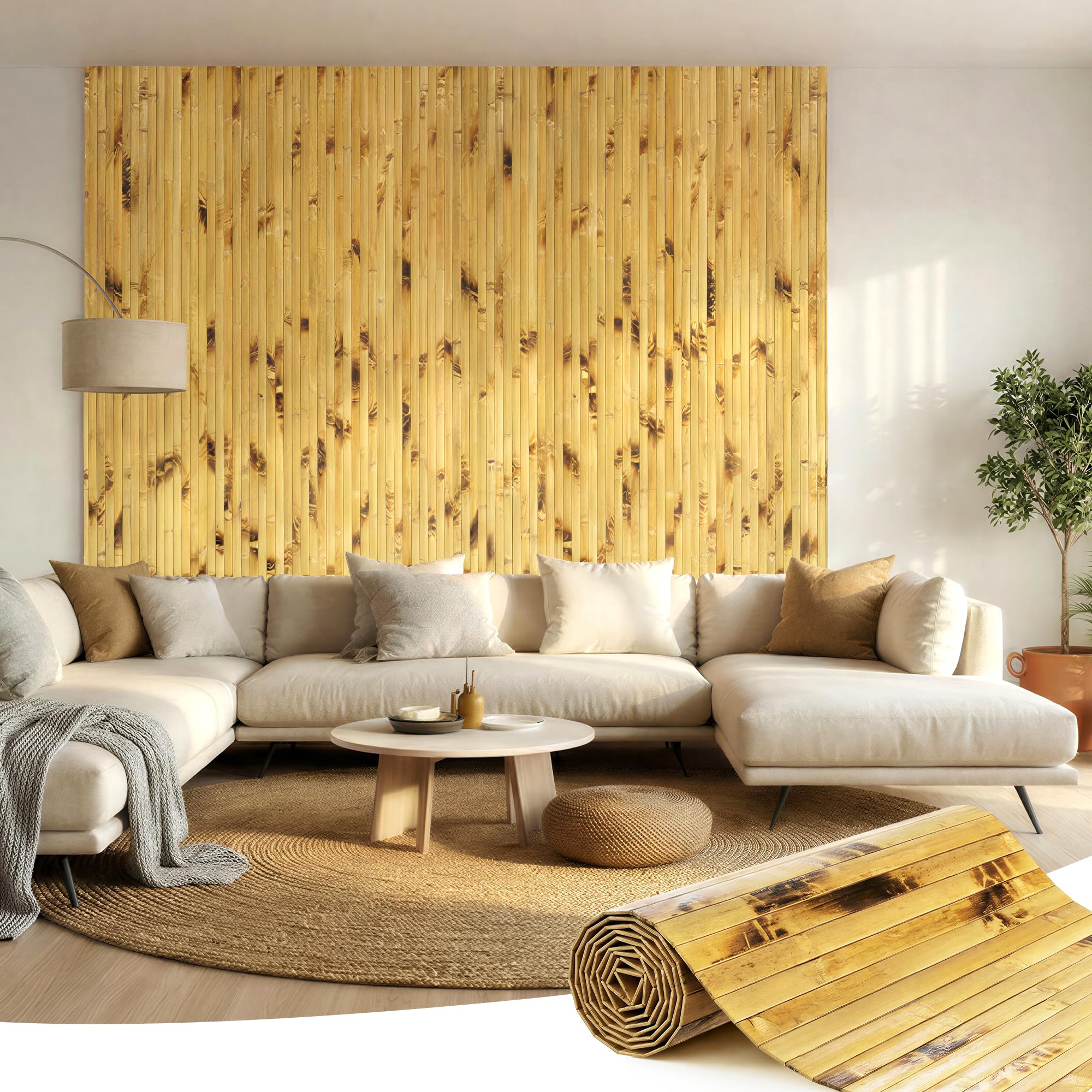 Photo 1 of FANMODO Bamboo Wall Panel, Peel and Stick wall Panels, paneles decorativos para pared, 48" W × 96" H - Light Burned