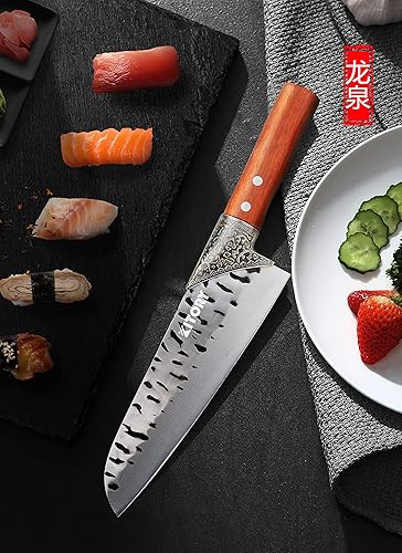 Miniatura 6 de Kitory Santoku - Cuchillo de cocina de 8 pulgadas, cuchillo asiático ultra afilado, hecho a mano, hoja de acero 9CR18MOV, mango de madera de perlado