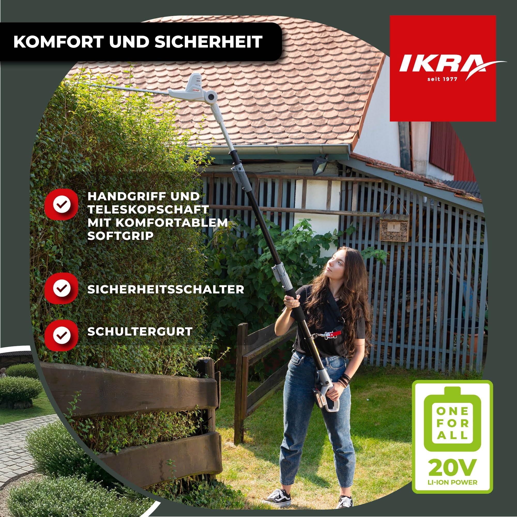 IKRA Teleskop Heckenschere ICPH 2040, inkl. 2 Akkus & Schnelllader | Teleskopierbar 220-275cm, Winkelverstellung bis 135°, Schnittlänge 40cm, inkl. Schultergurt, 20 Volt Akku-Familie von IKRA