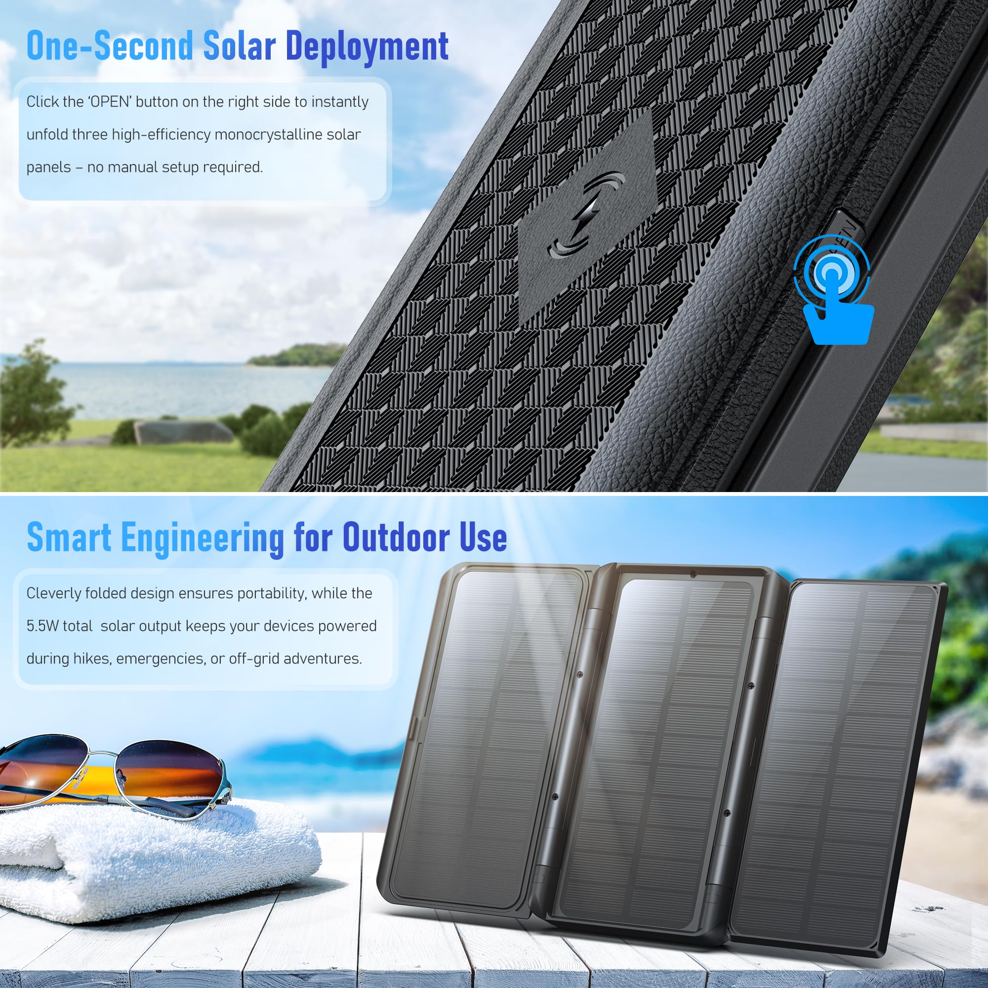 70000mAh solare Power Bank con 6 Uscite Ricarica PD30W Wireless Batteria Esterna Portatile, Torcia LED Bussola e Manovella di emergenza,Ideale per Campeggio e Attività Outdoor