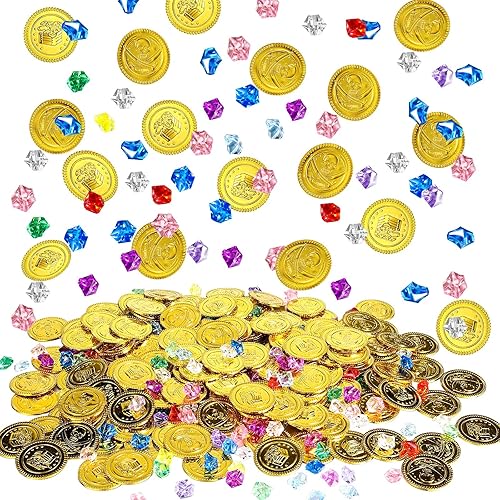 400 piezas de oro pirata monedas de plástico gemas pirata tesoro joyas de acrílico para niños niñas tema pirata juego tesoro caza fiesta favor