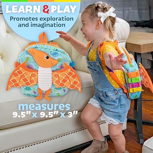 Miniatura 6 de Buckle Toys Breezy Pterodáctil - Mochila para niños pequeños con hebillas y actividades de aprendizaje para niños pequeños y juguetes sensoriales