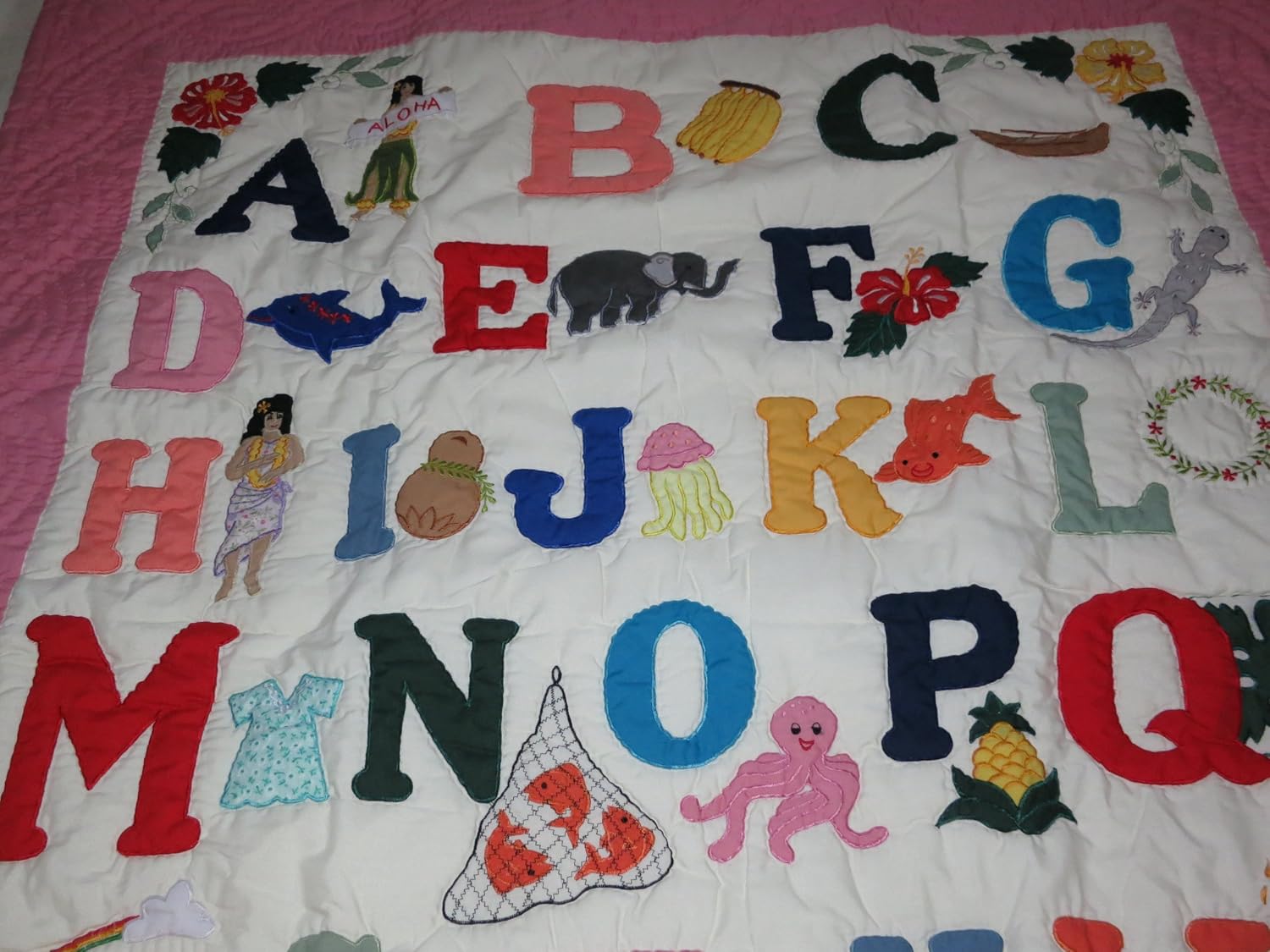 Hawaiian Quilt ABC Crib Comforter, Baby Blanket, Hand Quilted, Wall Hanging