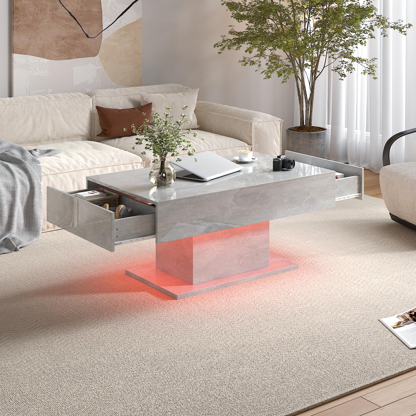 KEEPREAPER Couchtisch, Wohnzimmertisch mit LED Beleuchtung und 2 Schubladen für Wohnzimmer Hochglanz 110x55x50cm (Grau)