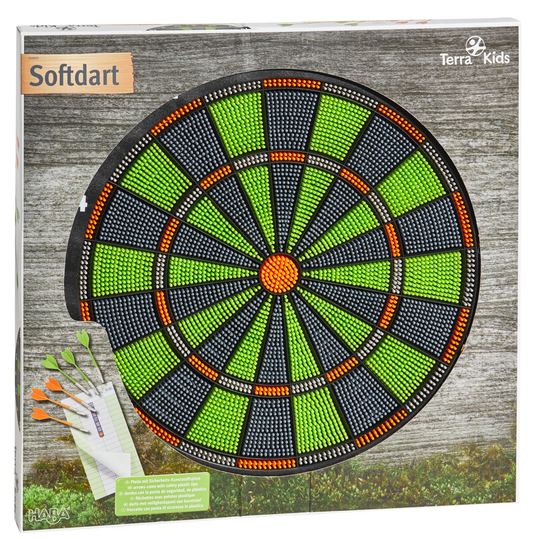 HABA 304425 - Terra Kids Softdart, Dartspiel für Kinder ab 6 Jahren, mit Dartscheiben-Ø 41,3 cm, Block und 6 Pfeilen mit Sicherheits-Kunststoffspitze je 13,5 cm lang, in- und Outdoor