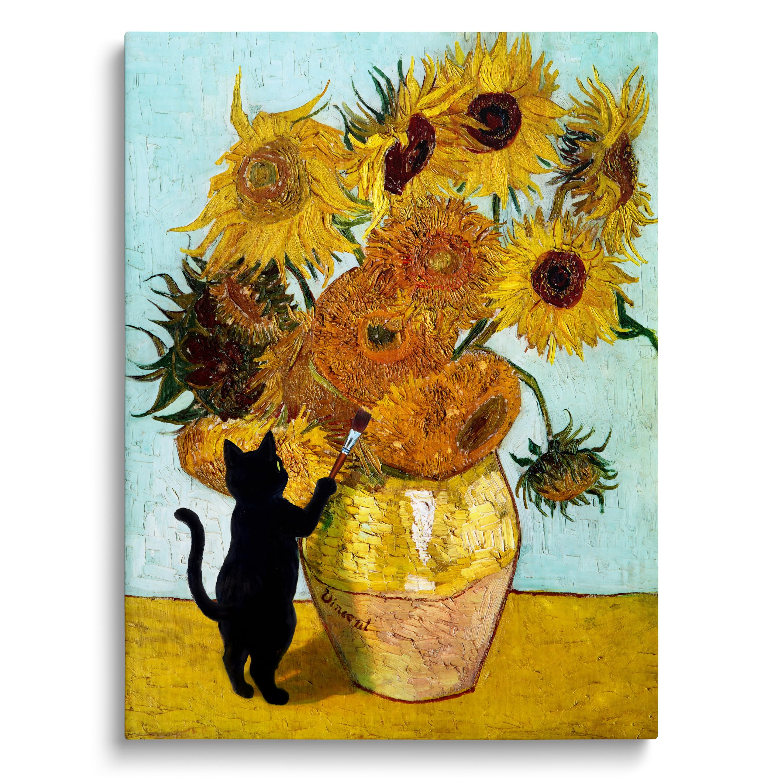 TimAsh Van Gogh Sunflowers Cat Wall Art, Black Cat Painting Sunflowers Canvas Print, Vintage Funny Animal Wall Decor for Living Room Bathroom Bedroom Home Office, 12"x16" Framed Ready to Hang