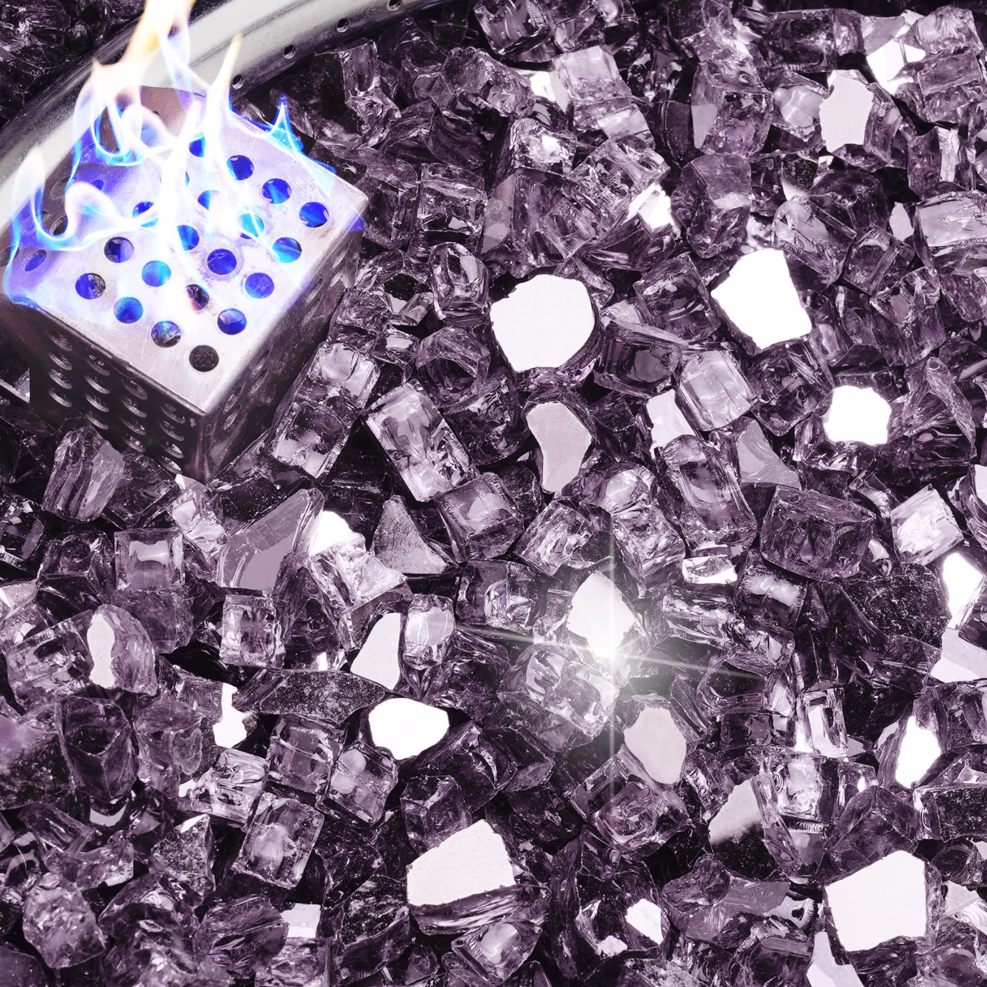NUPICK 5 Pound Fire Glass, 1/2 Inch Reflective Fire Pit Glass, Tempered Firepit Glass Rock for Propane or Natural Gas, Glass Rocks for Fire Pit Table, Fireplace Glass for Landscaping, Violet