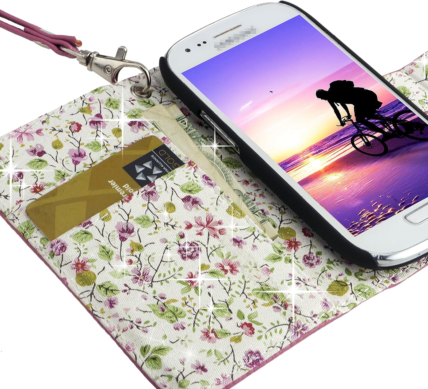 ECO-FUSED Case Bundle for Samsung Galaxy S3 Mini (I8190) Including Faux Leather Cover with Floral Interior/Lanyard / 2 Stylus Pens / 2 Screen Protectors/Microfiber Cleaning Cloth Pink