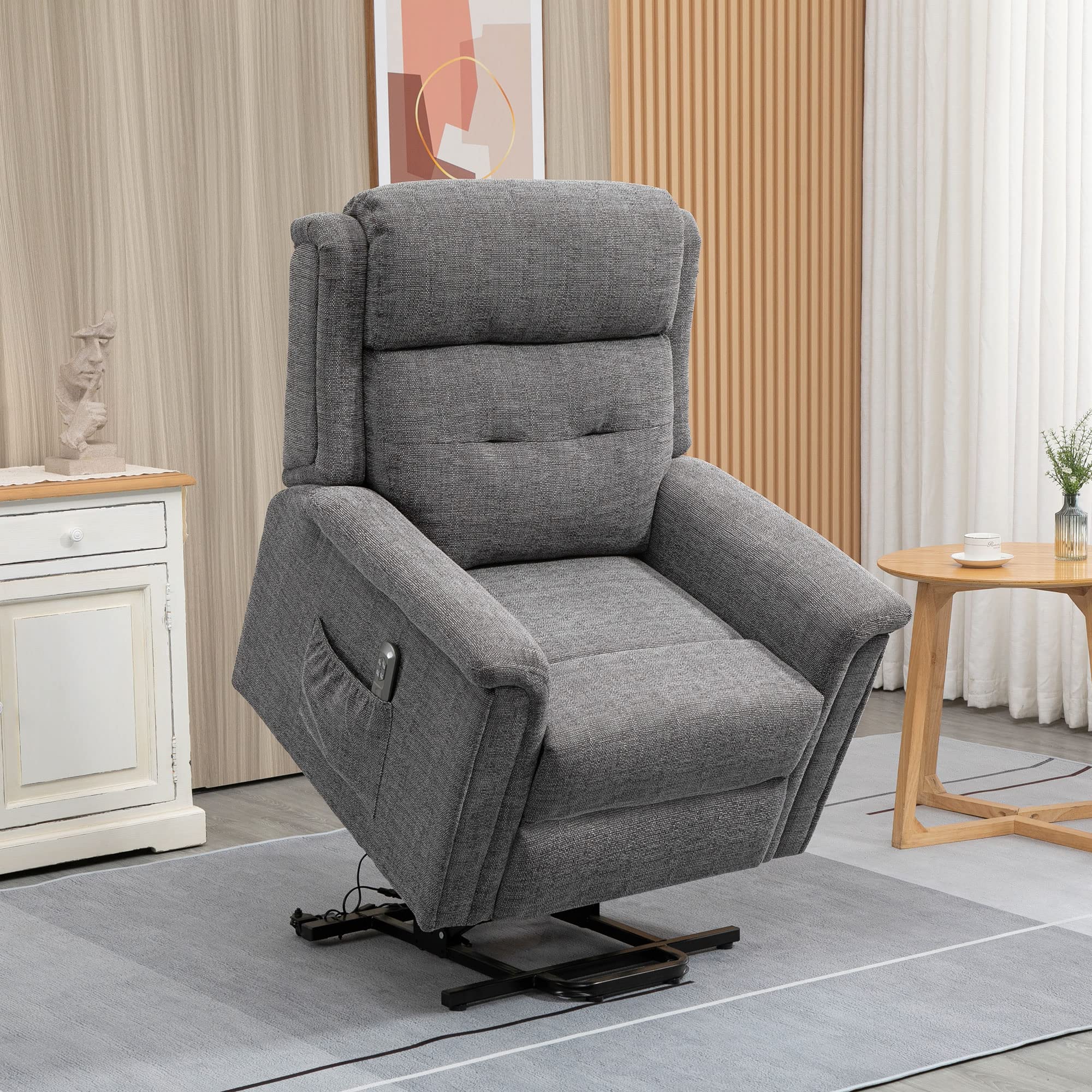 HOMCOM Fernsehsessel mit Aufstehhilfe Elektrisch Relaxsessel mit Liegefunktion, Fernbedienung 2 Motoren, TV-Sessel mit Seitentasche Leinen-Optik Seniorensessel Grau