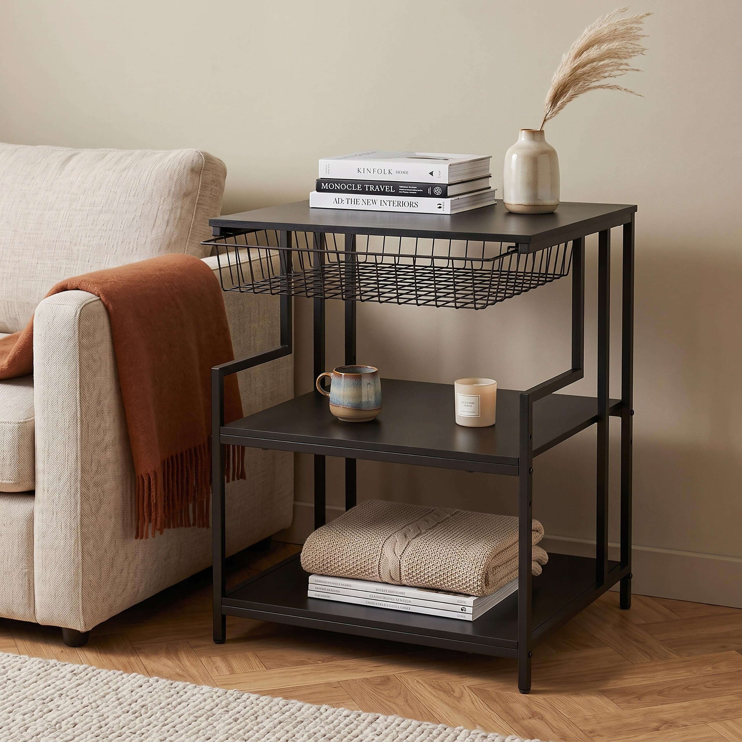 Relaxdays, scaffale per stampante, 3 ripiani, cassetto in metallo, nero