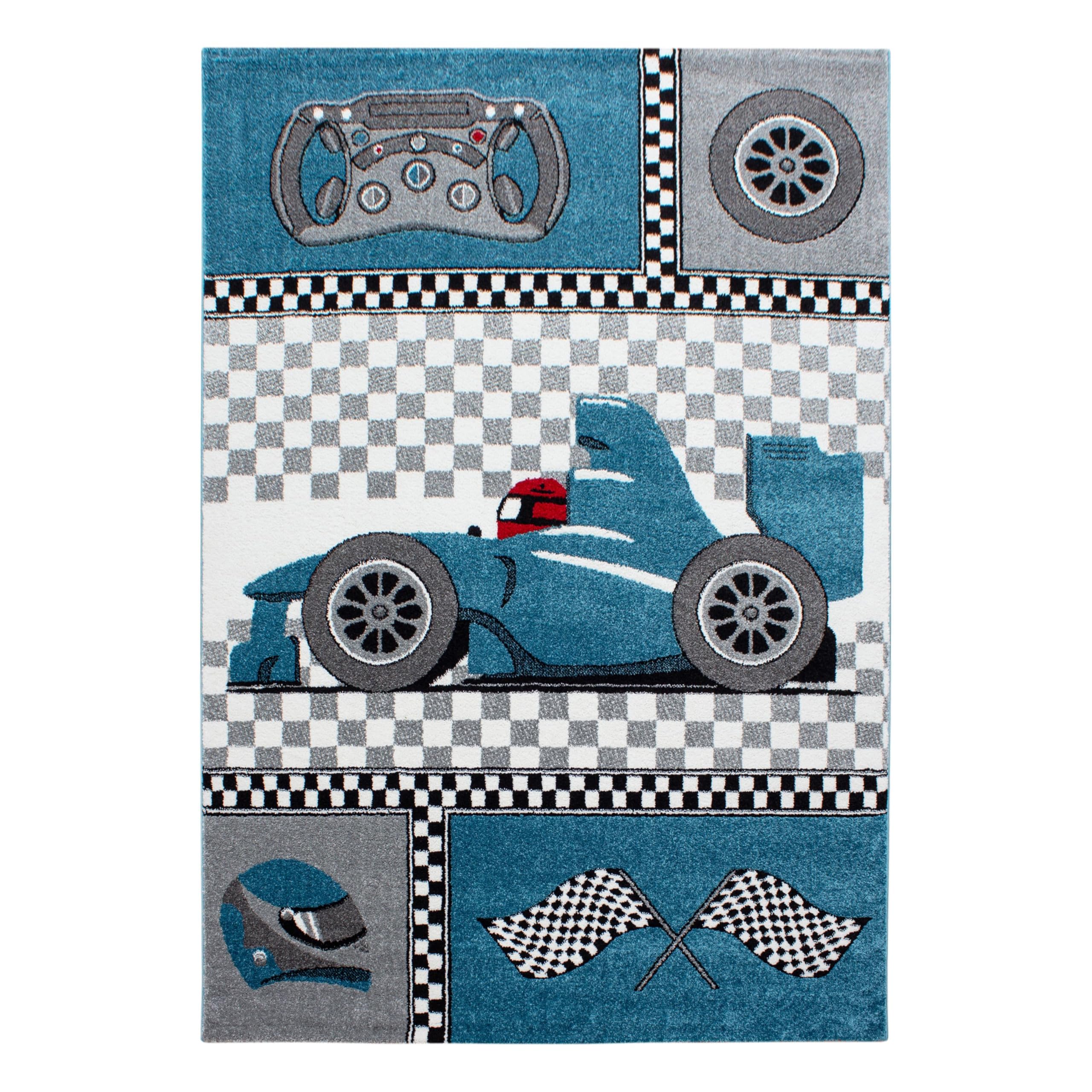 HomebyHome Kinderteppich Autorennen Motiv Blau 140x200 cm Großer Teppich fürs Kinderzimmer Weich & Ideal für kleine Autofans