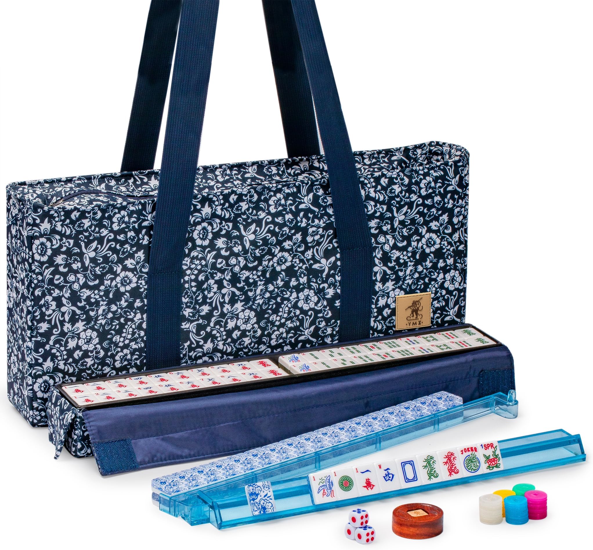 American Mahjong Set Chinoise II with Floral Blue Soft Case - All-in-One Rack with Pushers, Light Patterson Betting Coin, Dice and Wind Indicator by Yellow Mountain Imports