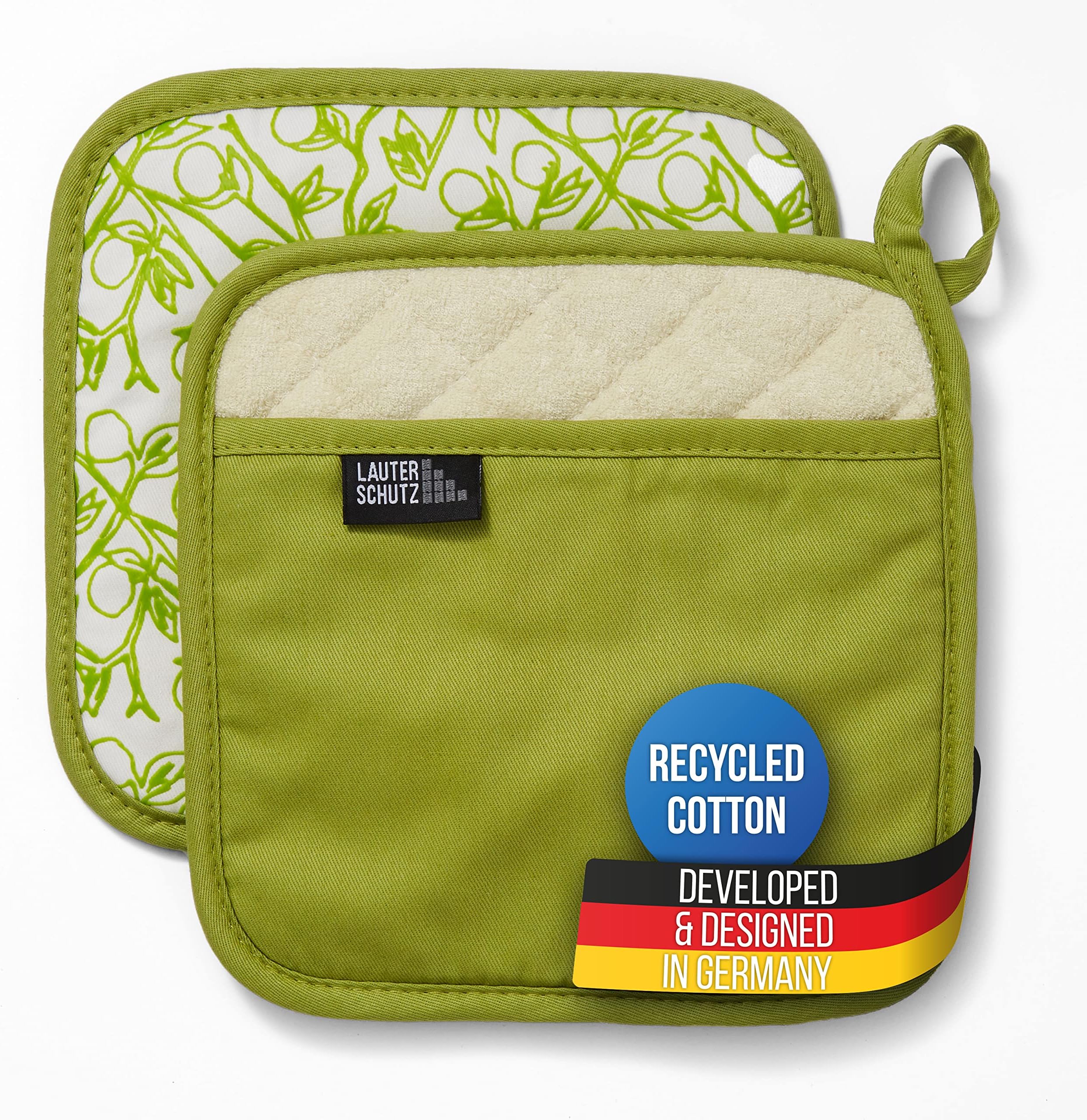 LauterSchutz® 1 pair of pot holders made of (recycled) cotton - With handle pocket and fleece lining (Green)