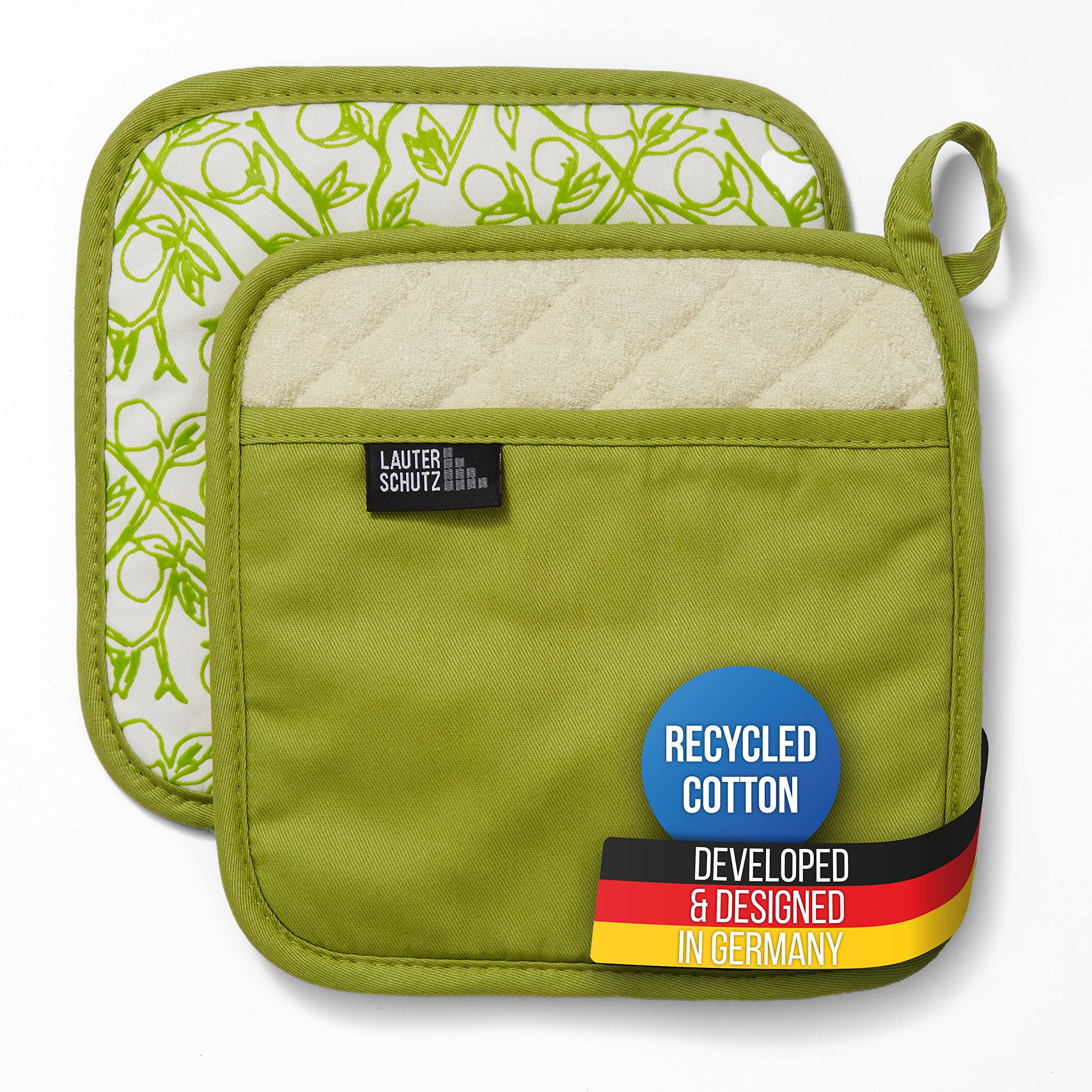 LauterSchutz® 1 pair of pot holders made of (recycled) cotton - With handle pocket and fleece lining (Green)