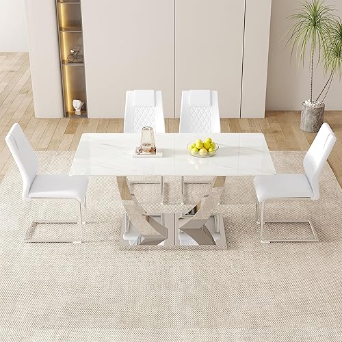 Miniatura 3 de AZmac Juego de mesa de comedor moderno de 63 pulgadas para 4, juego de comedor blanco para 4, mesa de cocina de vidrio templado y sillas de piel