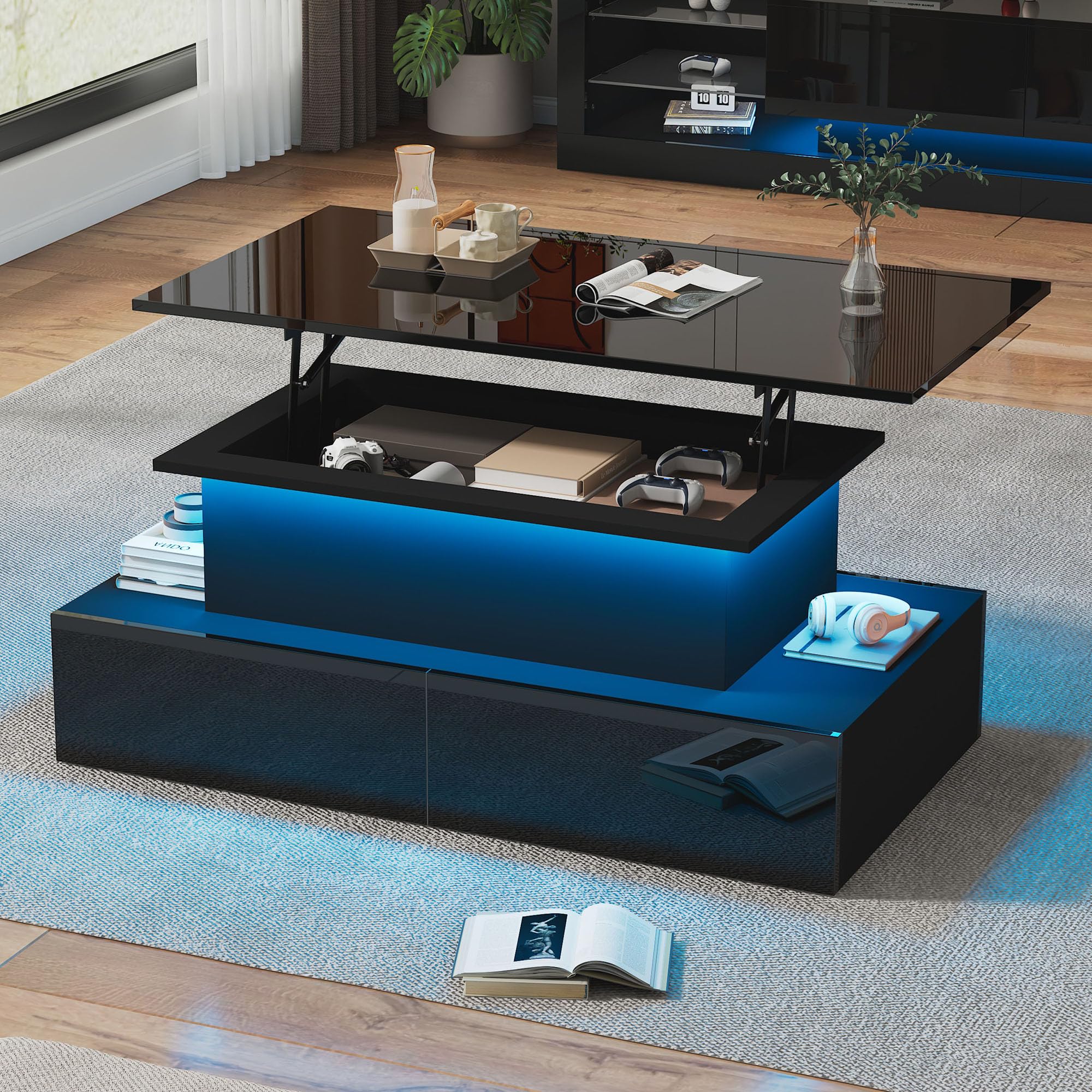 LED High Gloss Coffee Table with 4 Drawers, Lift Top Tea Table Living Room with Storage Drawers, Hidden Compartments (Black)
