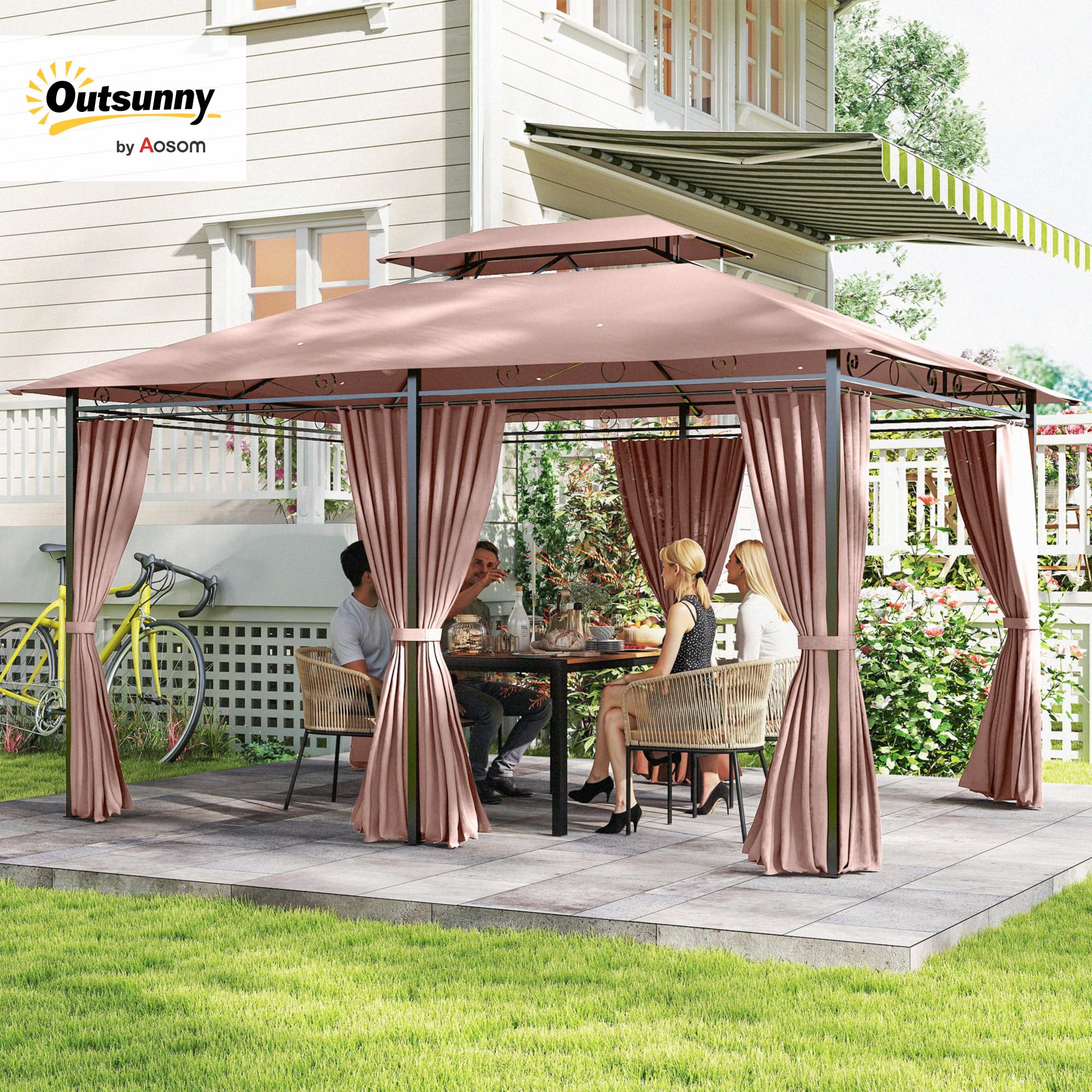 Outsunny Gazebo 4x3m Doppio Tetto Acciaio Tende Zip Impermeabili Anti UV Cachi