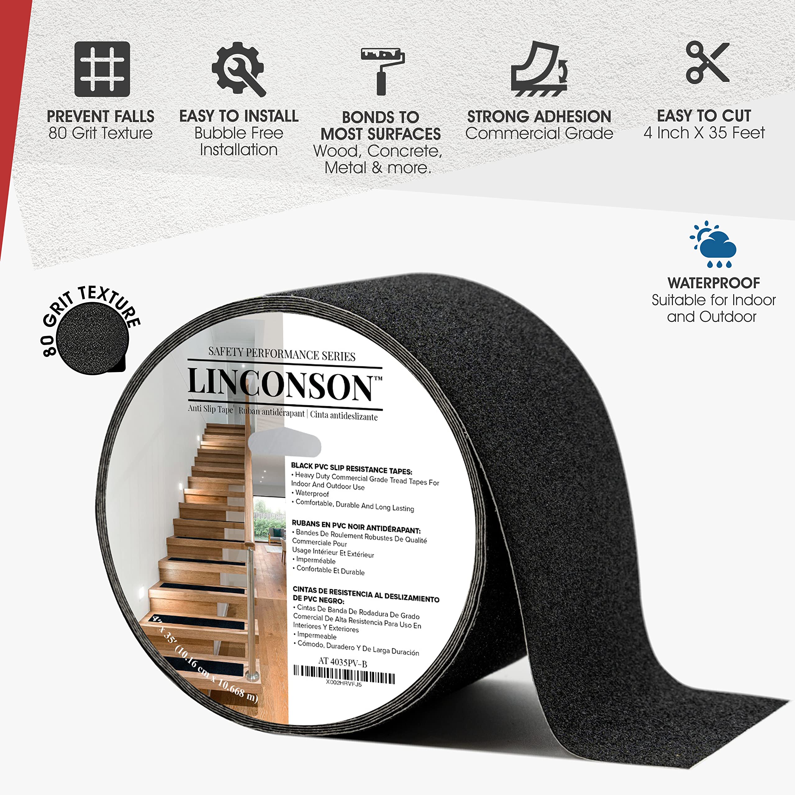 linconson Black Slip Resistant Stairs Tread & Grip Tape 4 INCH X 35 FEET Anti Slip Adhesive ROLL Premium Grade