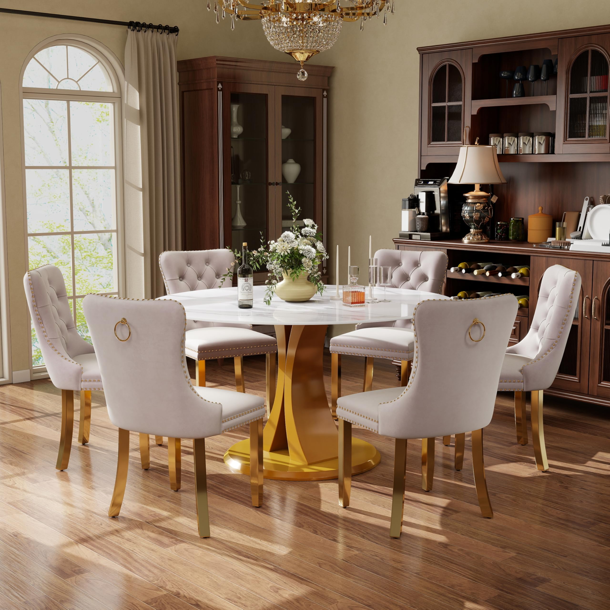 7-Piece Dining Table Set with 47In Faux Marble Table and 6 Velvet Upholstered Chairs, Modern Scandinavian Furniture for Dining Room Kitchen(Beige&amp;Gold)
