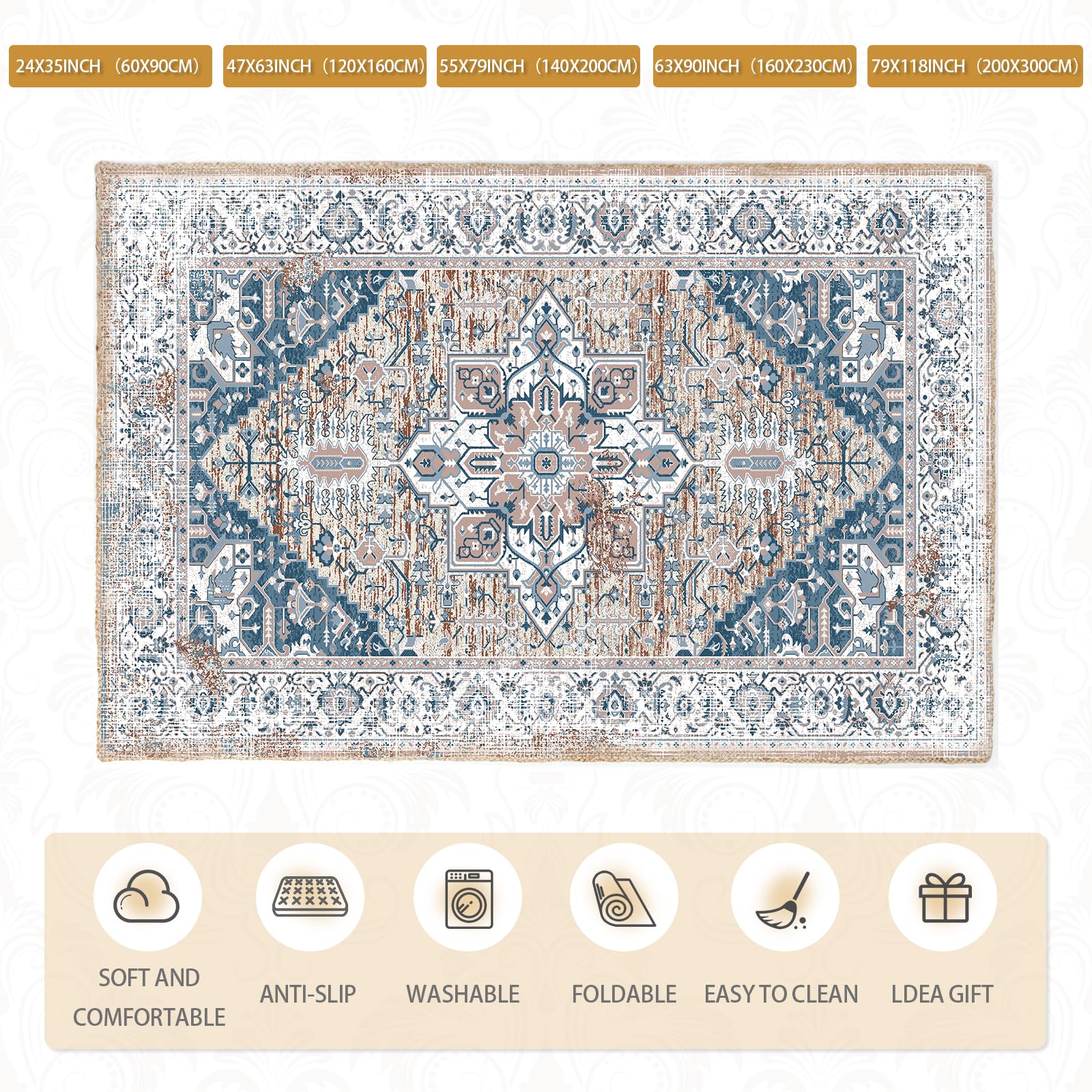 Tapis Lavable Tapis in & Outdoor Tapis Balcon Terrasse Tapis de Cuisine, Moderne Motif Boho Ethno Tapis Salon Chambre(Vintage Blue, 160 X 230 cm)