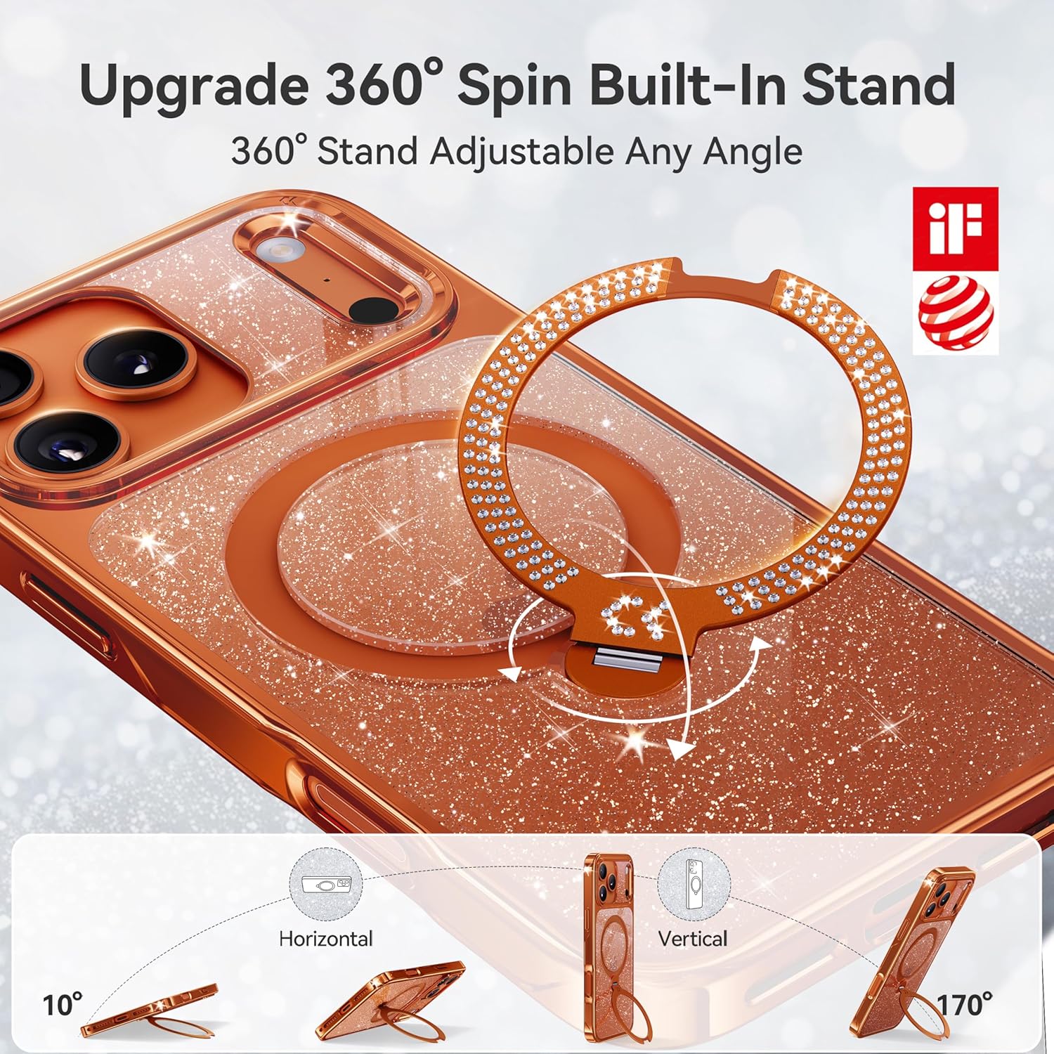 CASEKOO Swarovski Pearlescent Shimmer 360 Spin Magnetic Stand for Glossy iPhone 17 Pro Max Case for Women, Fit for MagSafe, 17FT Drop Protection, Design for 17 Pro Max Case, Diamond Orange Sparkle - Image 4