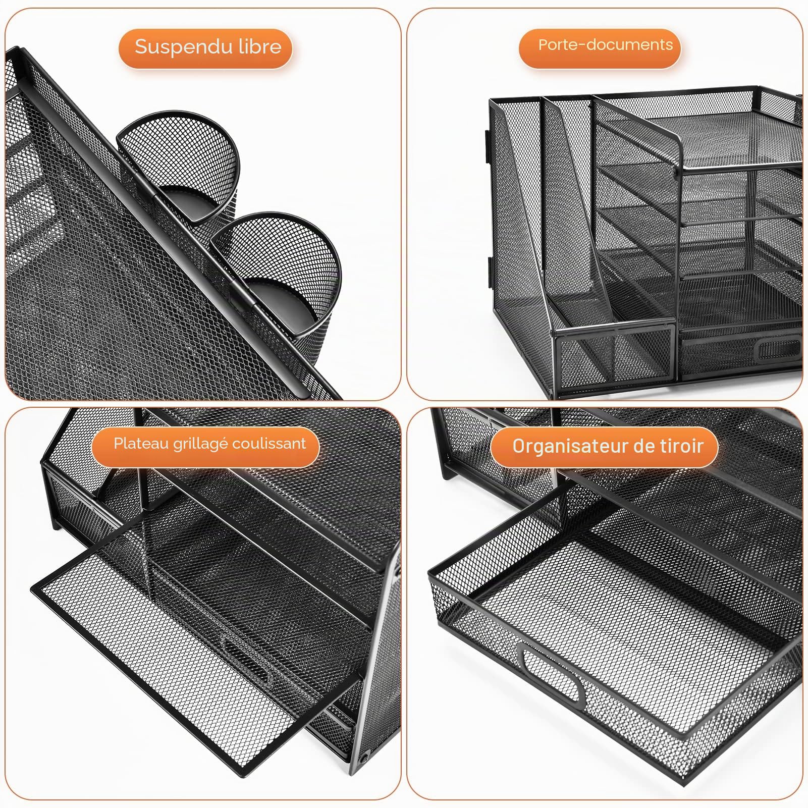 Marbrasse Organisateur de Bureau 5-Niveaux Porte-Lettres Rangement Maille Noir avec Tiroir Porte-Stylos