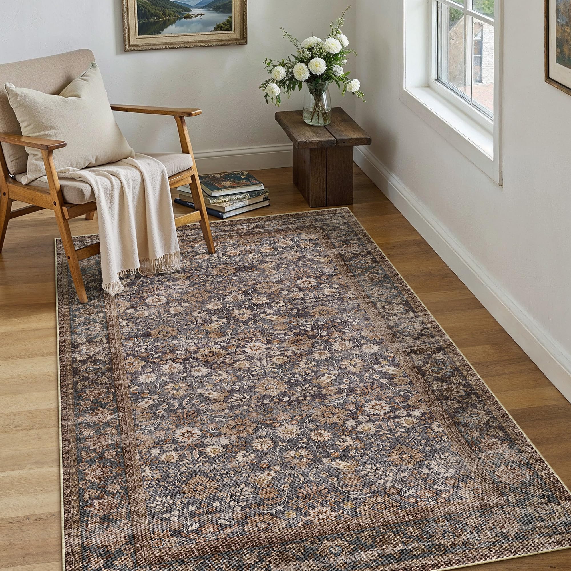 PureCozy Washable Rugs for Living Room 90x150 cm, Vintage Soft Area Rugs with Non-Slip Backing, Machine Washable Lightweight Low-Pile for Bedroom,Kitchen, Office, Dining Room, Brown & Blue — image 1