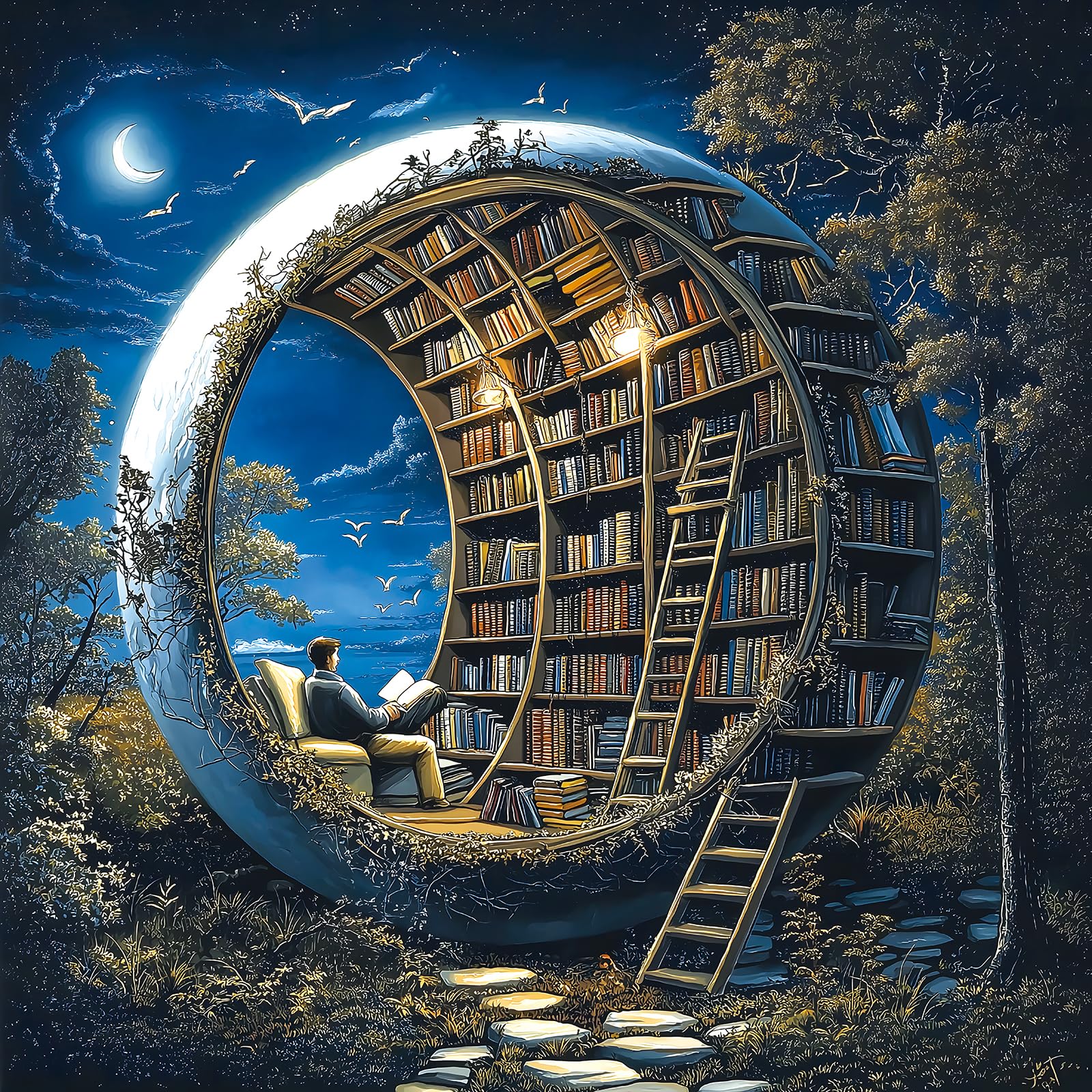 MINIWAN Magic Moon Library Jigsaw Puzzles for Adults 500 Pieces, 20"x20" | Night Book Forest Fantasy Theme, Vintage Space Bookshelf Nature Design, Letters on Back, Reference Poster Included Magic Moon Library 20" X 20"