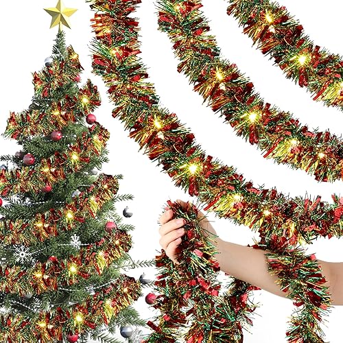 Guirnalda de oropel de Navidad de 33 pies para decoración de árbol con purpurina metálica con 100 luces LED, guirnalda de árbol colgante para