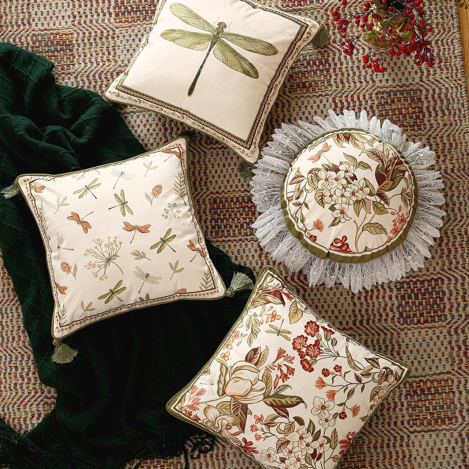 ISAENNE Design Square Vintage Cottage Throw Pillow Covers 18"x18", Green Velvet Cushion Cover with Dragonflies and Flowers Pattern Decor Pillowcases for Bed,Living Room,Outdoor,Car