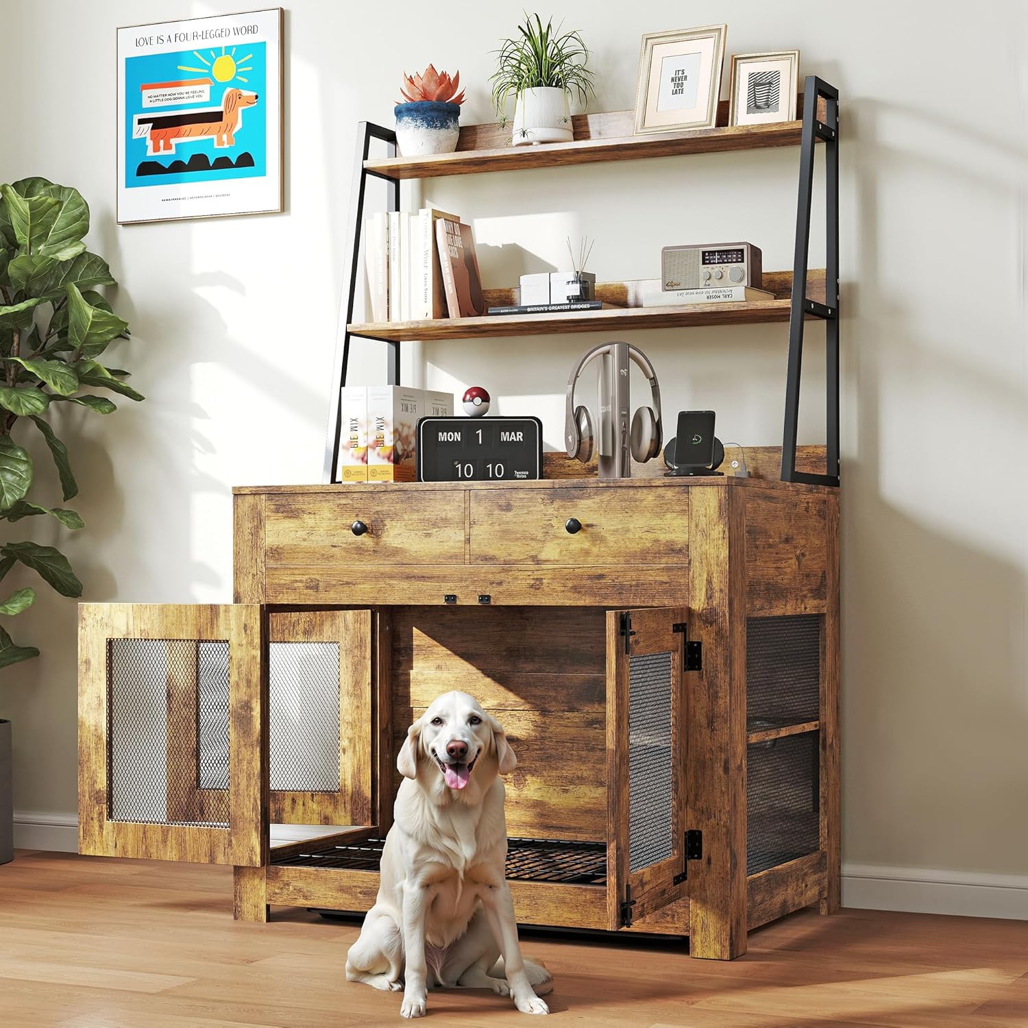 38 Inch Dog Crate Furniture with Storage Shelves, Dog Kennel Indoor Furniture Wooden Dog Crate for Medium Small Dog with Double Doors, 2 Drawers & Power Outlets