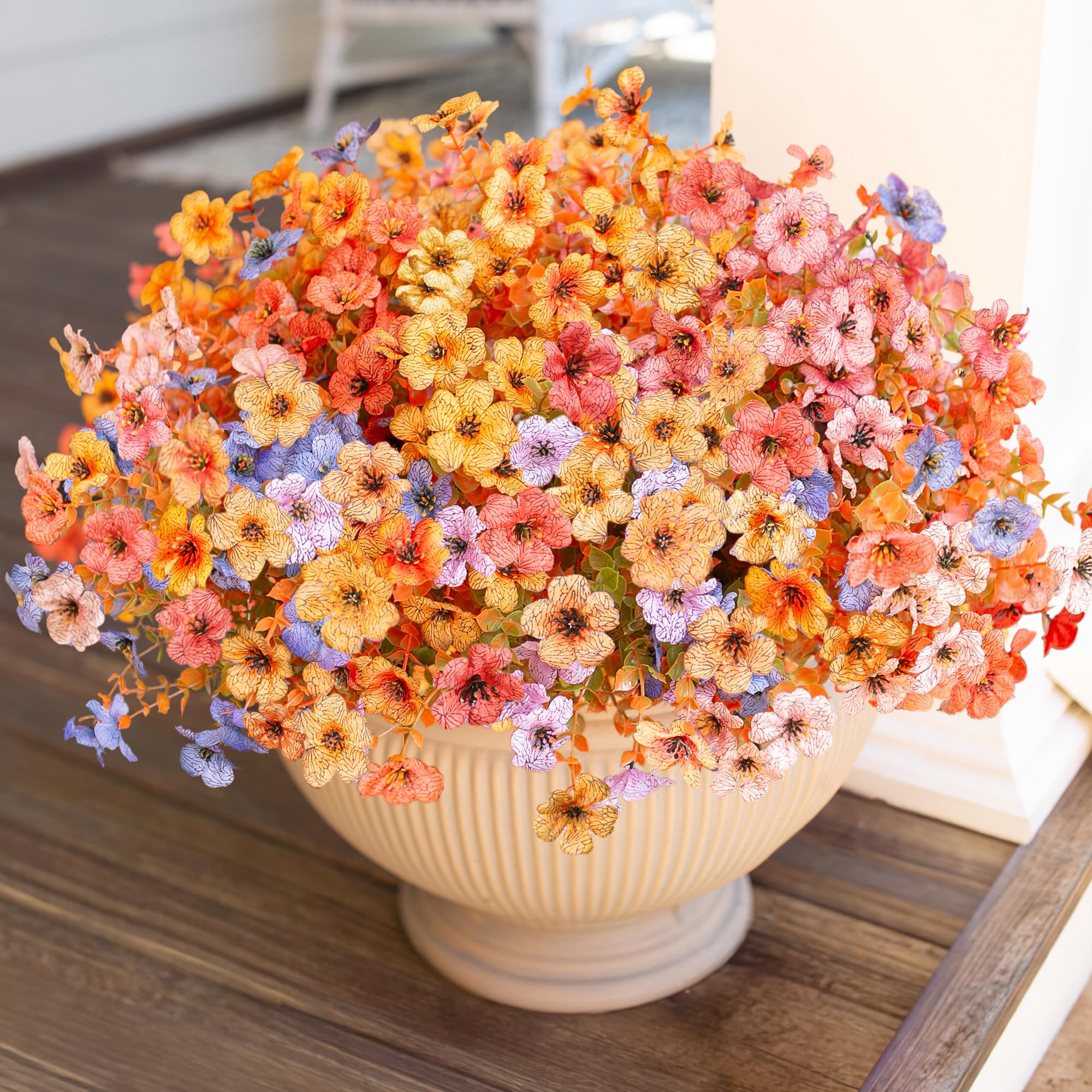 HyeFlora Artificial Fall Flowers Faux Mums for Outdoor Indoor Garden Home Decoration, Faux Flower Daisy with Eucalyptus Leaves Fake Plants Greenery Boxwood Porch Patio, 12 Bundles (6 Fall Multicolor)