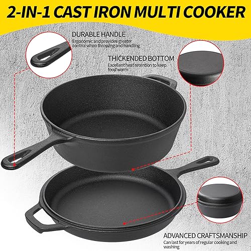 Miniatura 7 de Vivicreate Olla de hierro fundido 2 en 1 para horno holandés con tapa de sartén, olla de cocción múltiple presazonada para hornear, freír, asar,